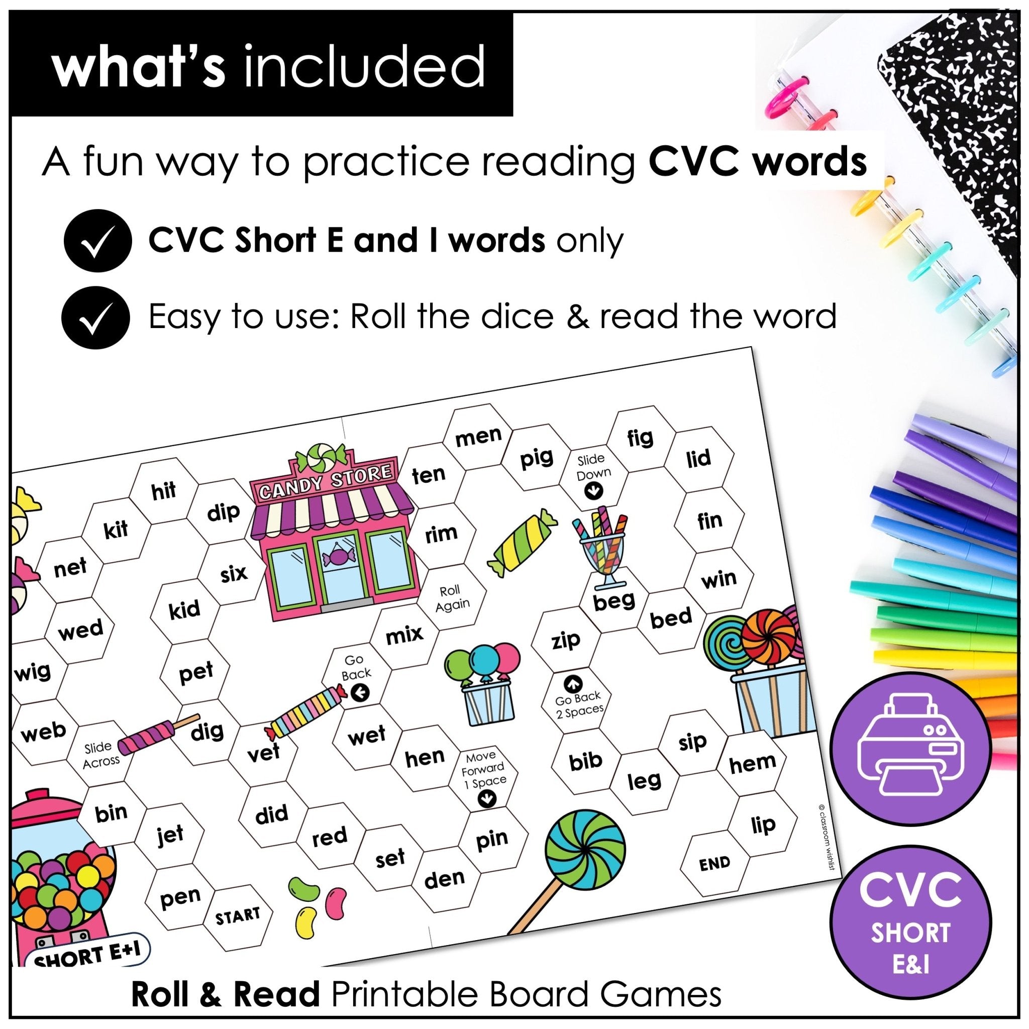 CVC Short Vowels E & I Roll & Read Board Games – Phonics & Reading Practice - Hot Chocolate Teachables