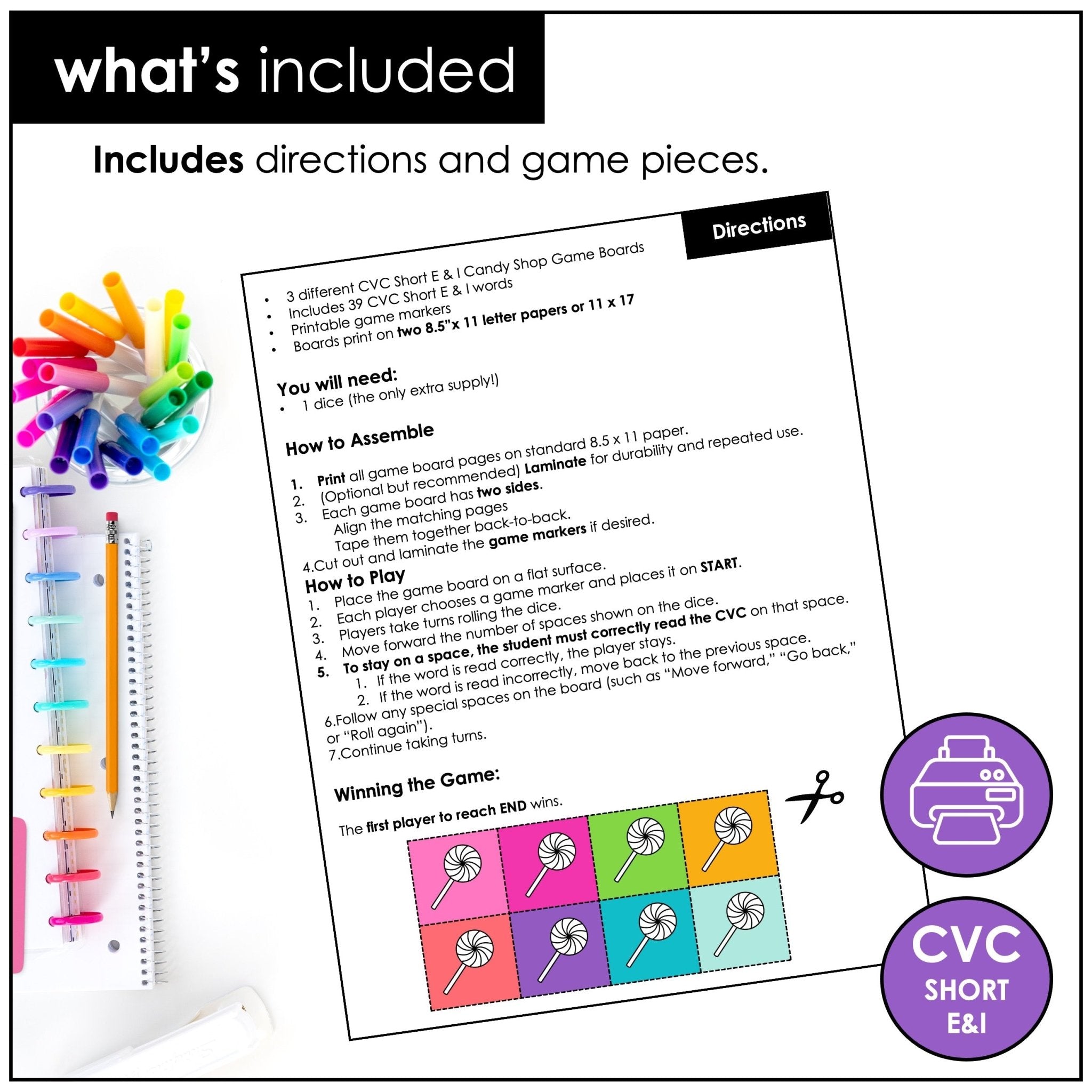 CVC Short Vowels E & I Roll & Read Board Games – Phonics & Reading Practice - Hot Chocolate Teachables