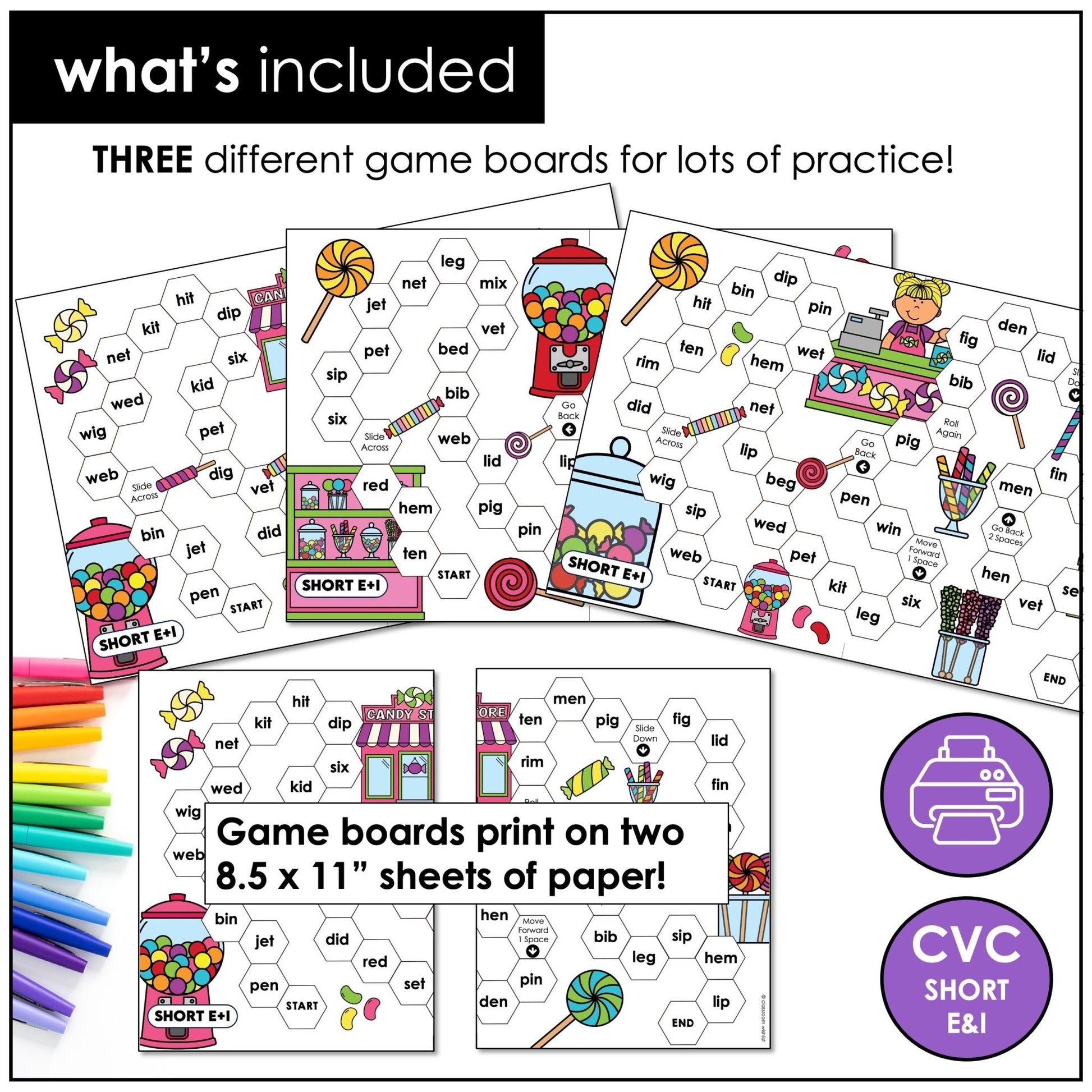 CVC Short Vowels E & I Roll & Read Board Games – Phonics & Reading Practice - Hot Chocolate Teachables
