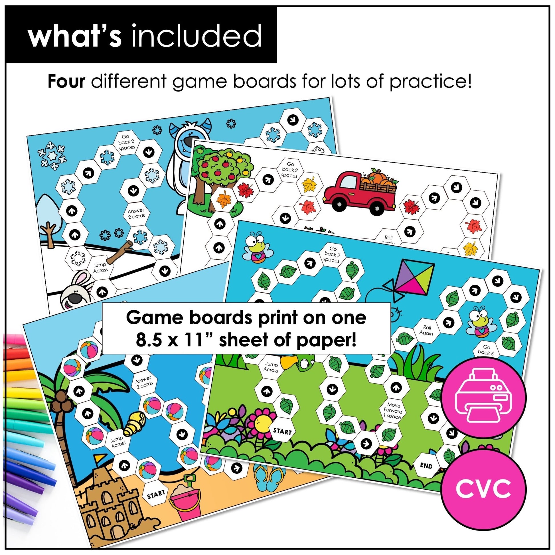CVC Word Board Game Bundle – Write, Read & Spell Short Vowels A, E, I, O, U - Hot Chocolate Teachables