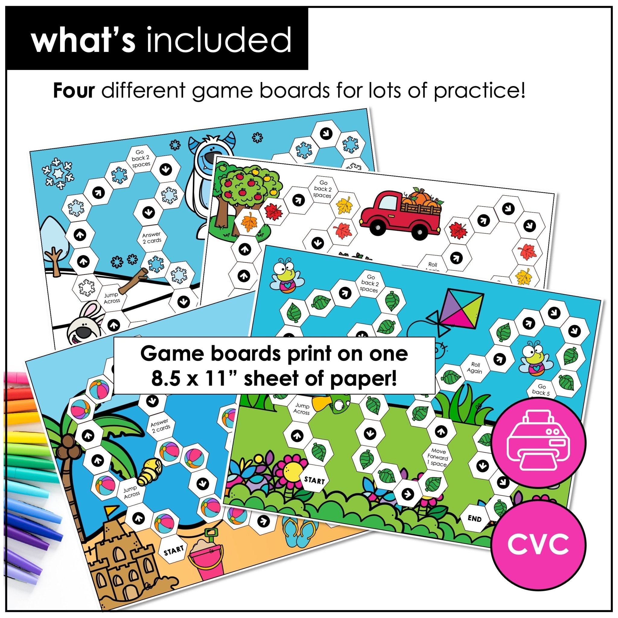CVC Word Board Game Bundle – Write, Read & Spell Short Vowels A, E, I, O, U - Hot Chocolate Teachables