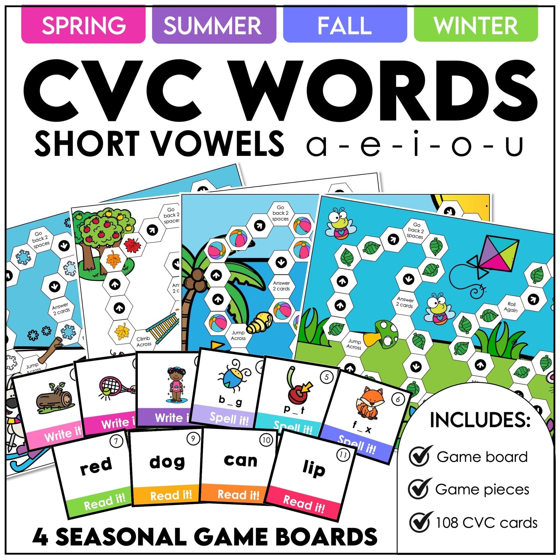CVC Word Board Game Bundle – Write, Read & Spell Short Vowels A, E, I, O, U - Hot Chocolate Teachables