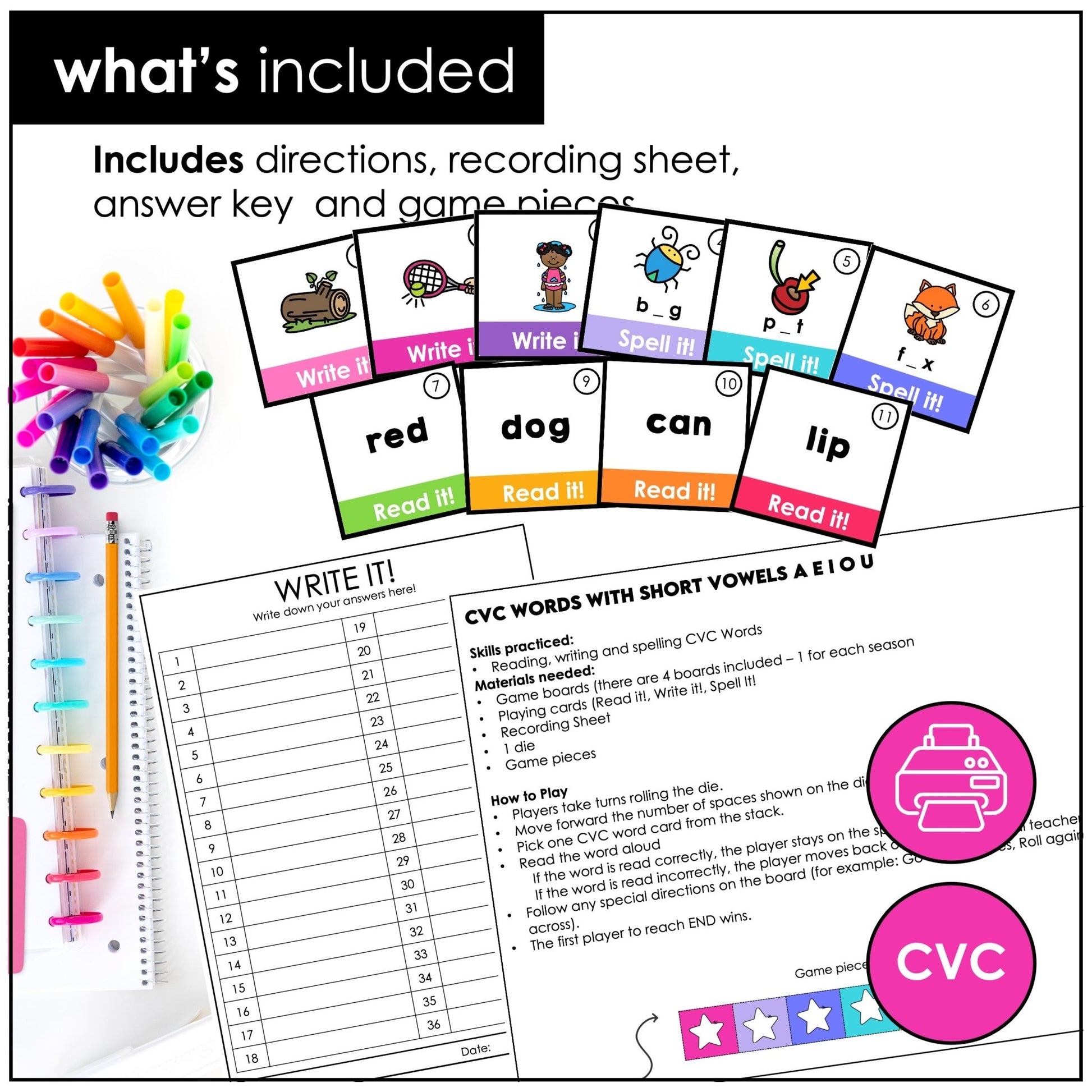 CVC Word Board Game Bundle – Write, Read & Spell Short Vowels A, E, I, O, U - Hot Chocolate Teachables