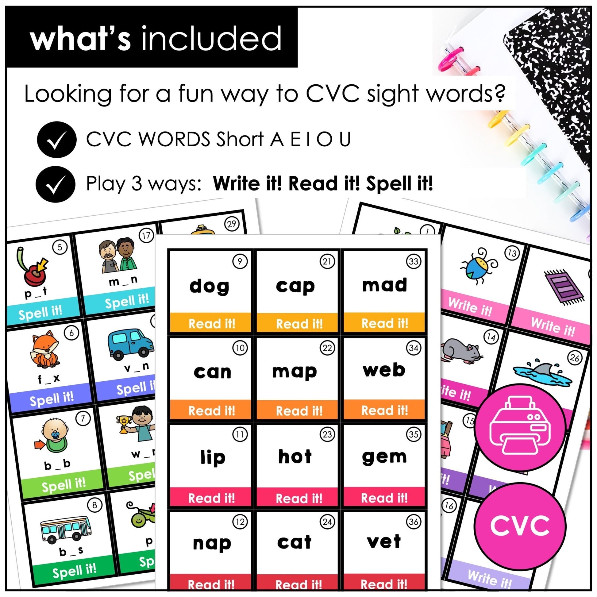 CVC Word Board Game Bundle – Write, Read & Spell Short Vowels A, E, I, O, U - Hot Chocolate Teachables