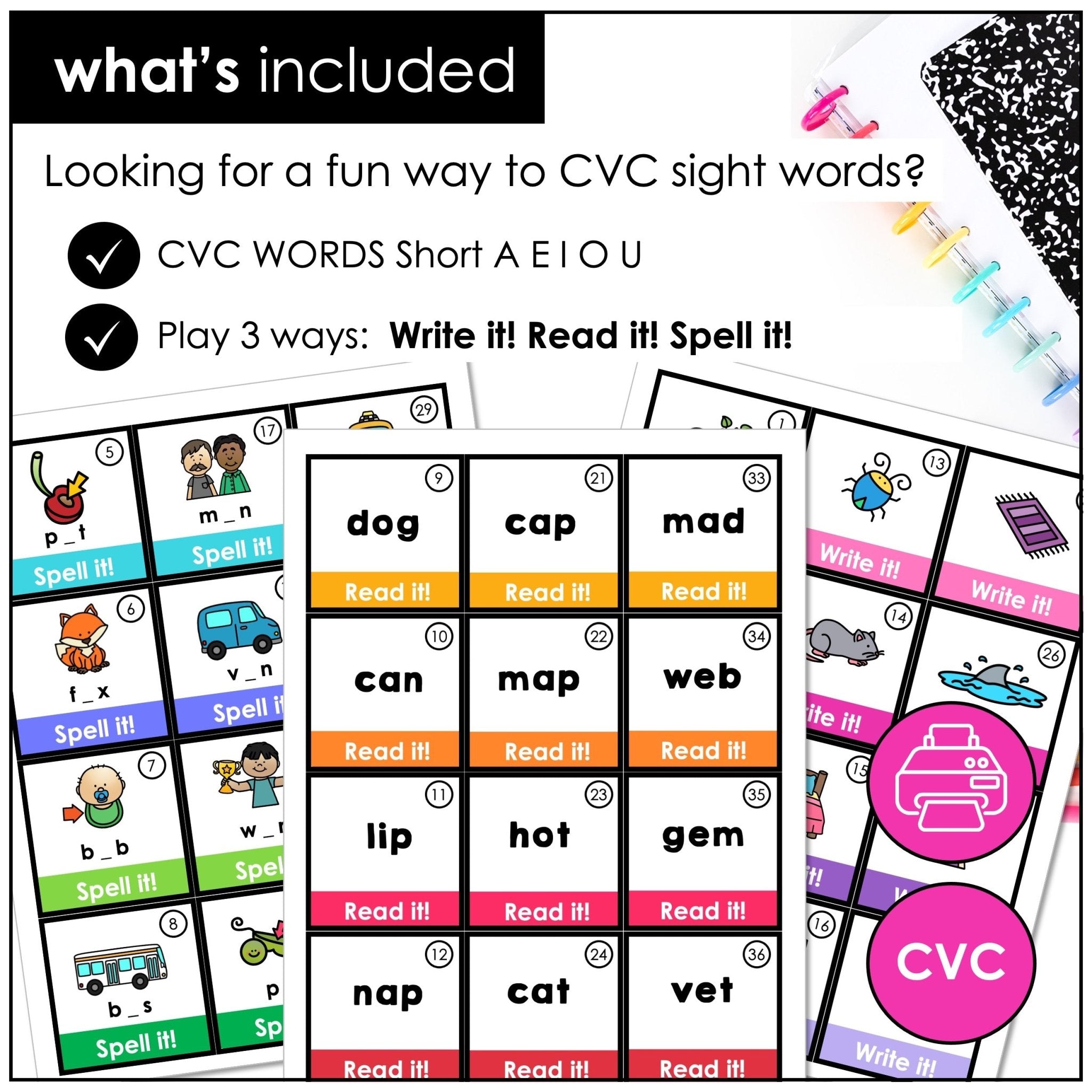 CVC Word Board Game Bundle – Write, Read & Spell Short Vowels A, E, I, O, U - Hot Chocolate Teachables