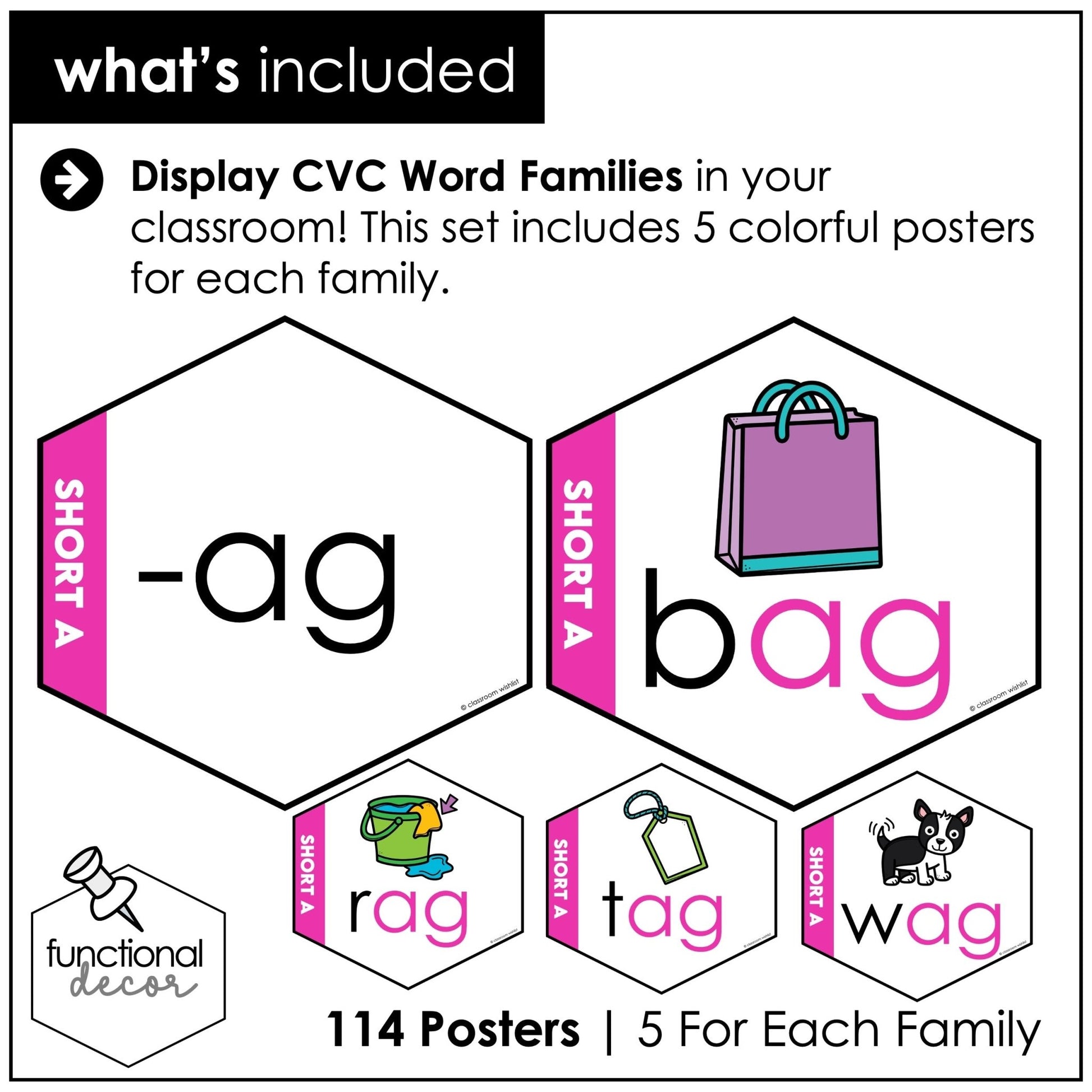 CVC Word Family Posters – 114 Short Vowel Phonics Word Wall Printables - Hot Chocolate Teachables