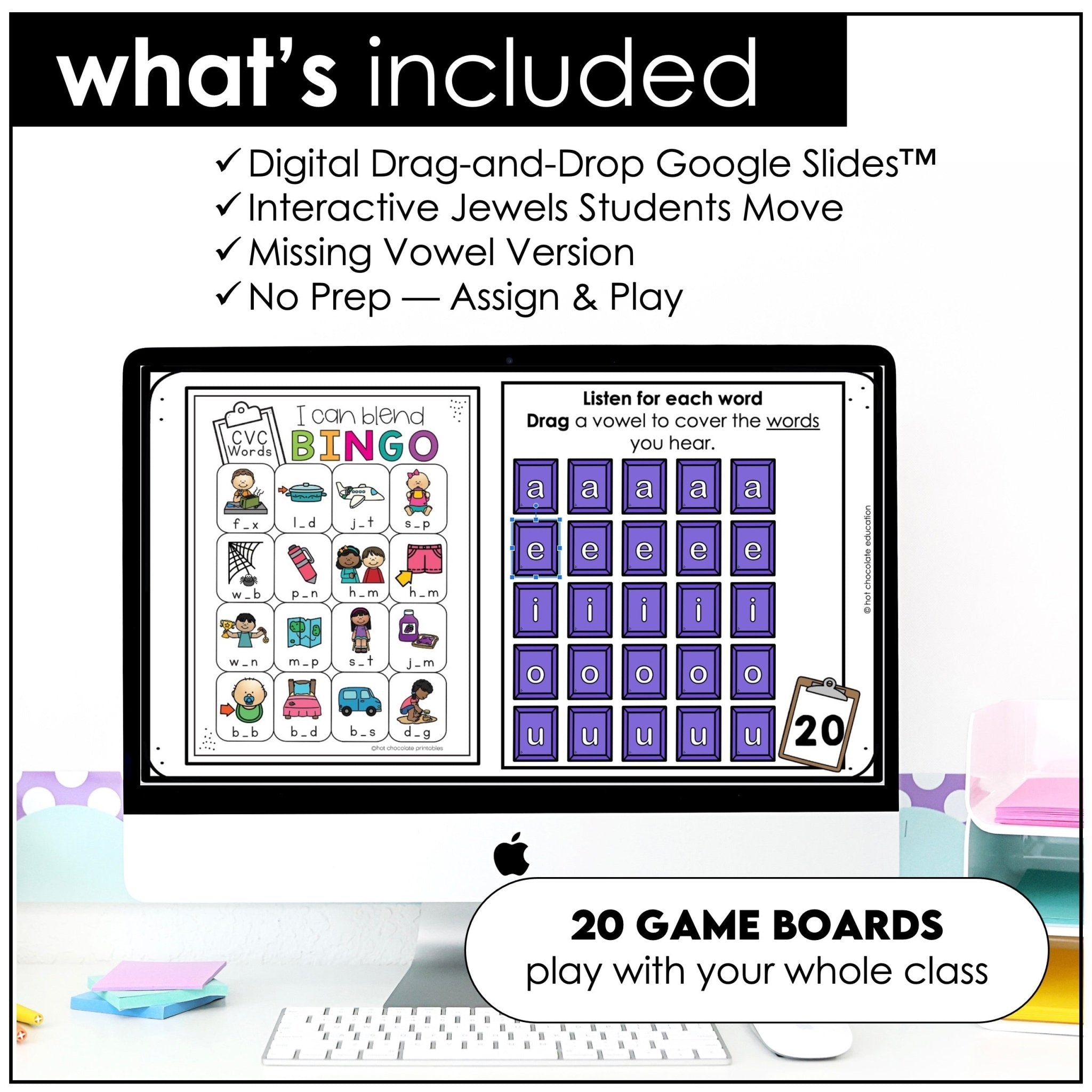 CVC WORD FLUENCY Bingo Game: Short A - E - I - O - U | Print & Digital - Hot Chocolate Teachables