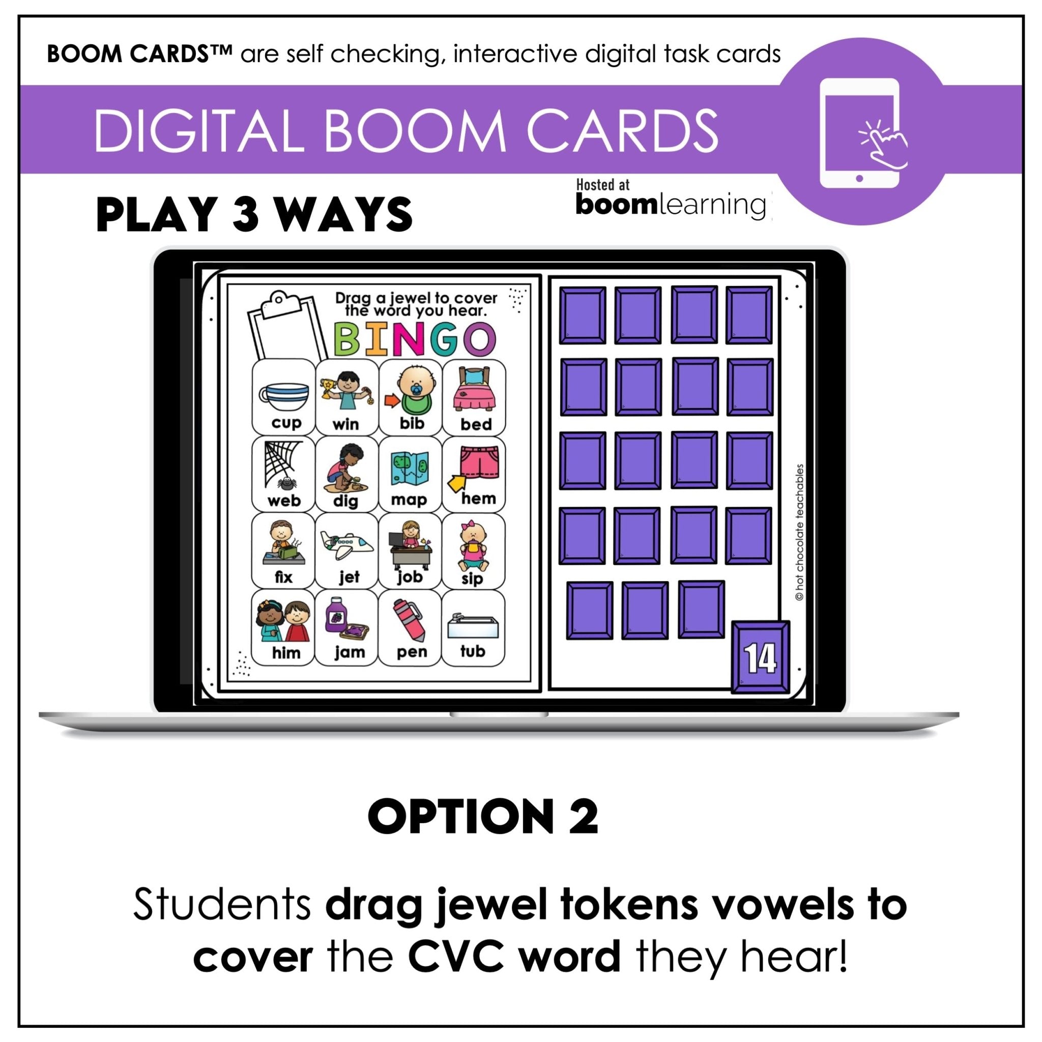 CVC Word Fluency for ESL Digital Bingo Game - Boom Cards - Short Vowels - Hot Chocolate Teachables