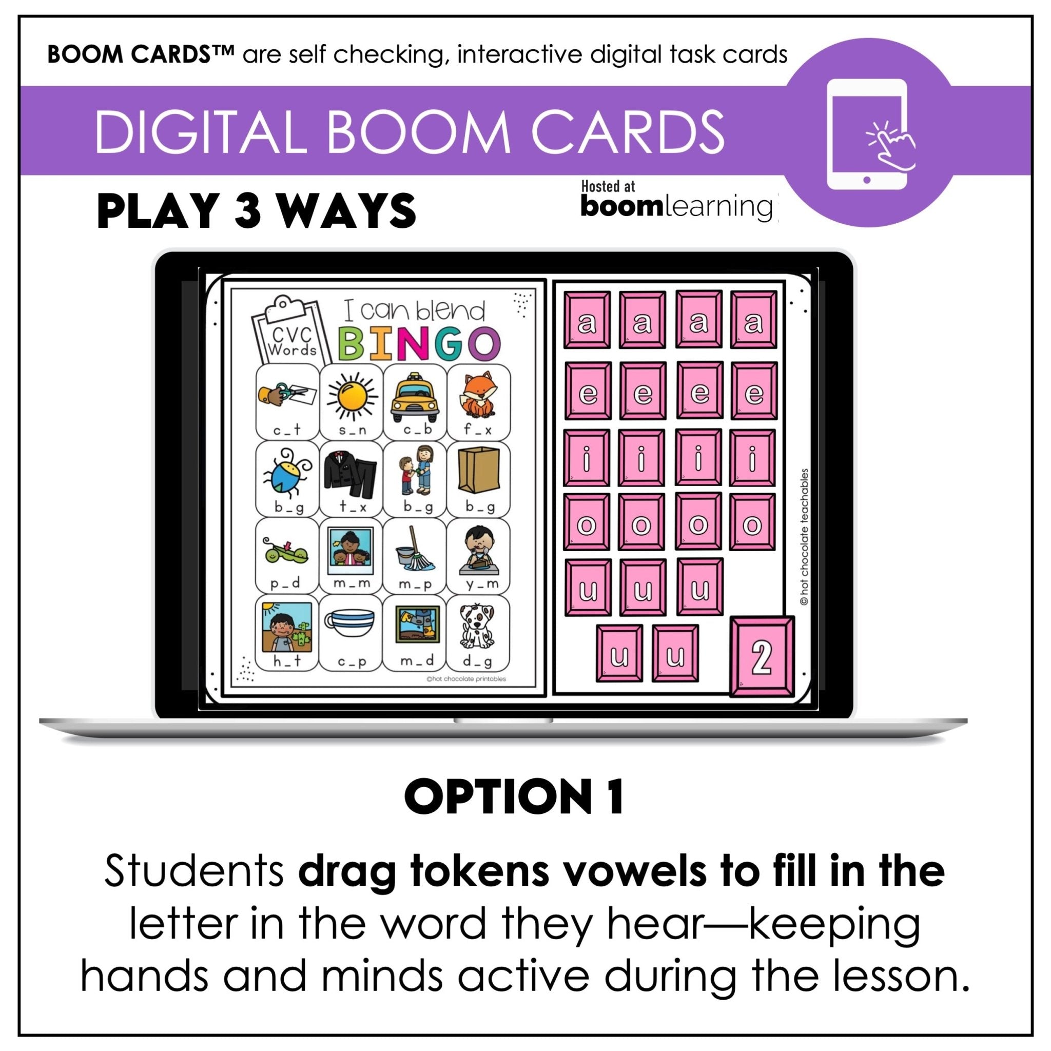 CVC Word Fluency for ESL Digital Bingo Game - Boom Cards - Short Vowels - Hot Chocolate Teachables