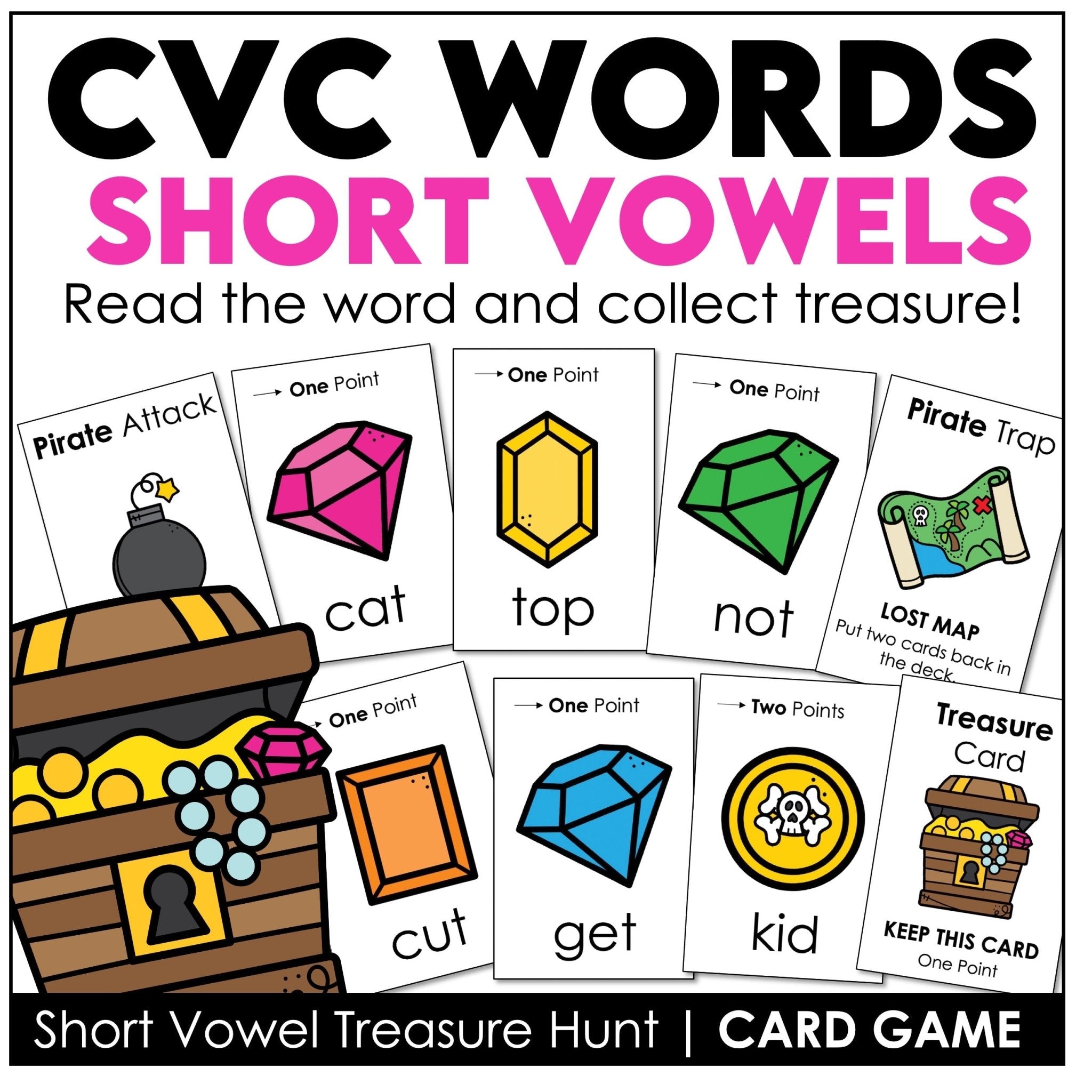 CVC Words Card Game – Short Vowel Phonics with 120 CVC Word Cards - Hot Chocolate Teachables