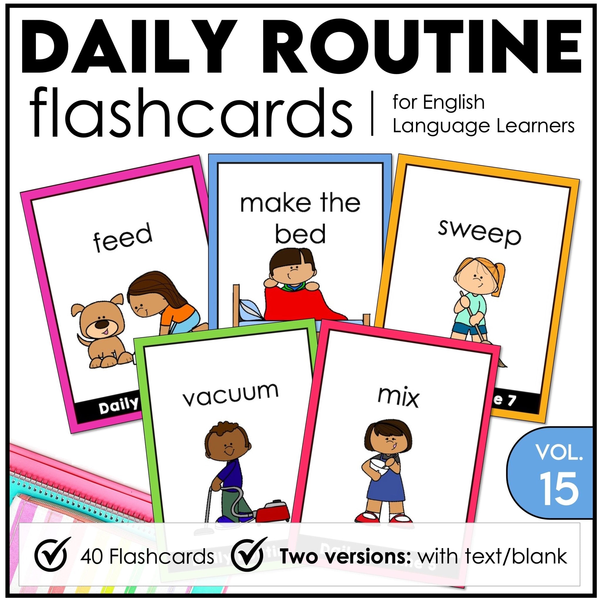 Daily Routine Flashcards : Basic Verbs & Chores : ESL task cards - Flash Cards - Hot Chocolate Teachables