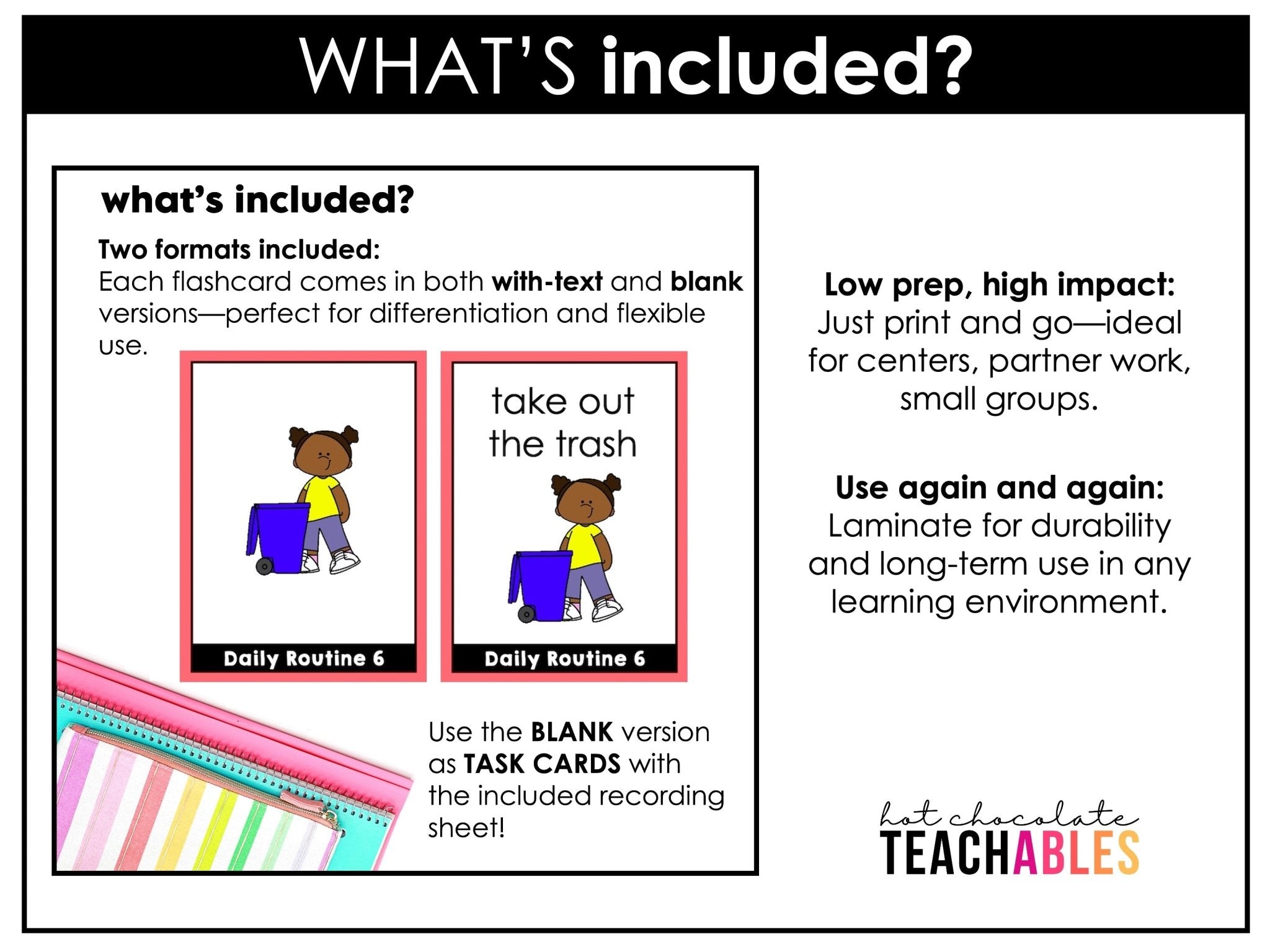 Daily Routine Flashcards : Basic Verbs & Chores : ESL task cards - Flash Cards - Hot Chocolate Teachables