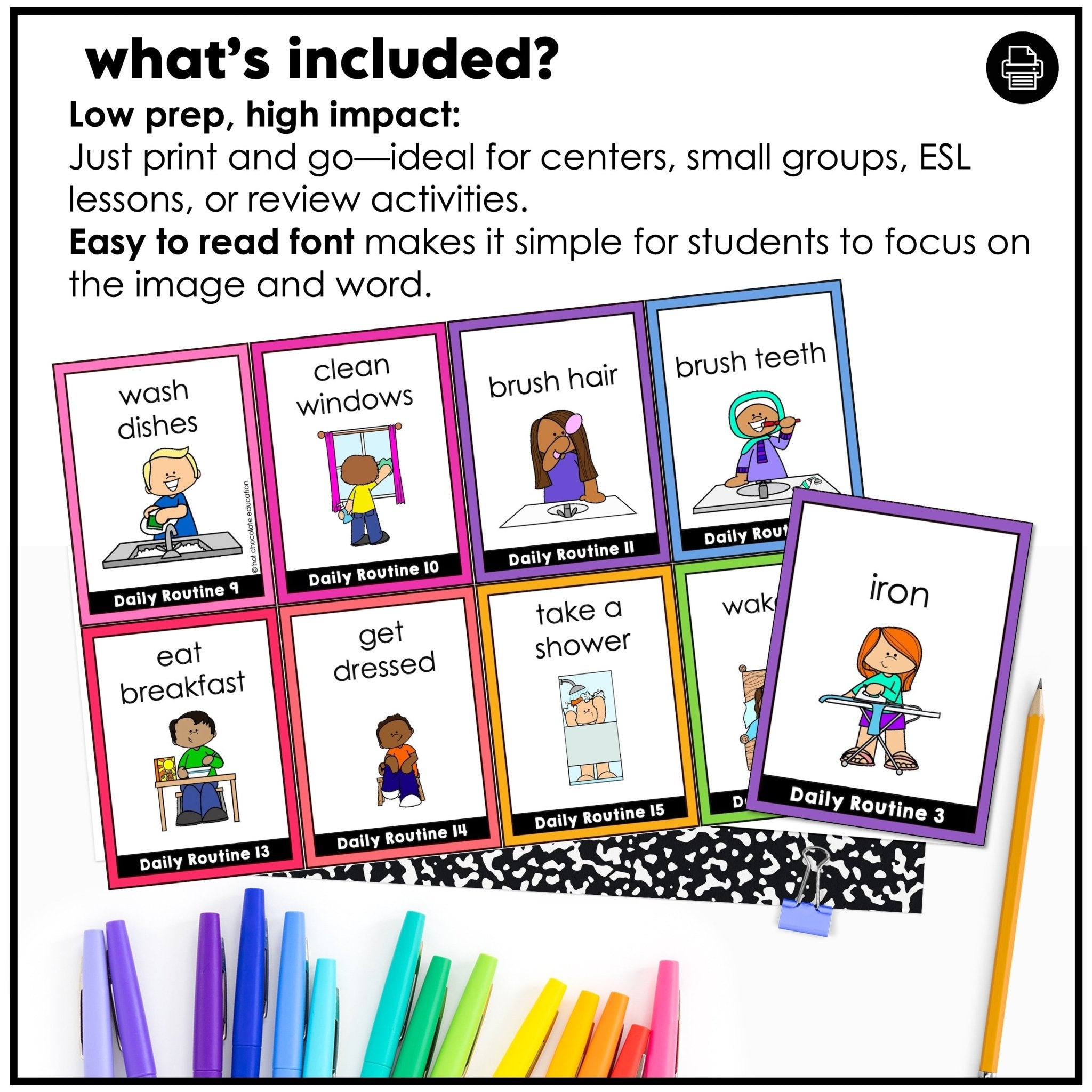 Daily Routine Flashcards : Basic Verbs & Chores : ESL task cards - Flash Cards - Hot Chocolate Teachables