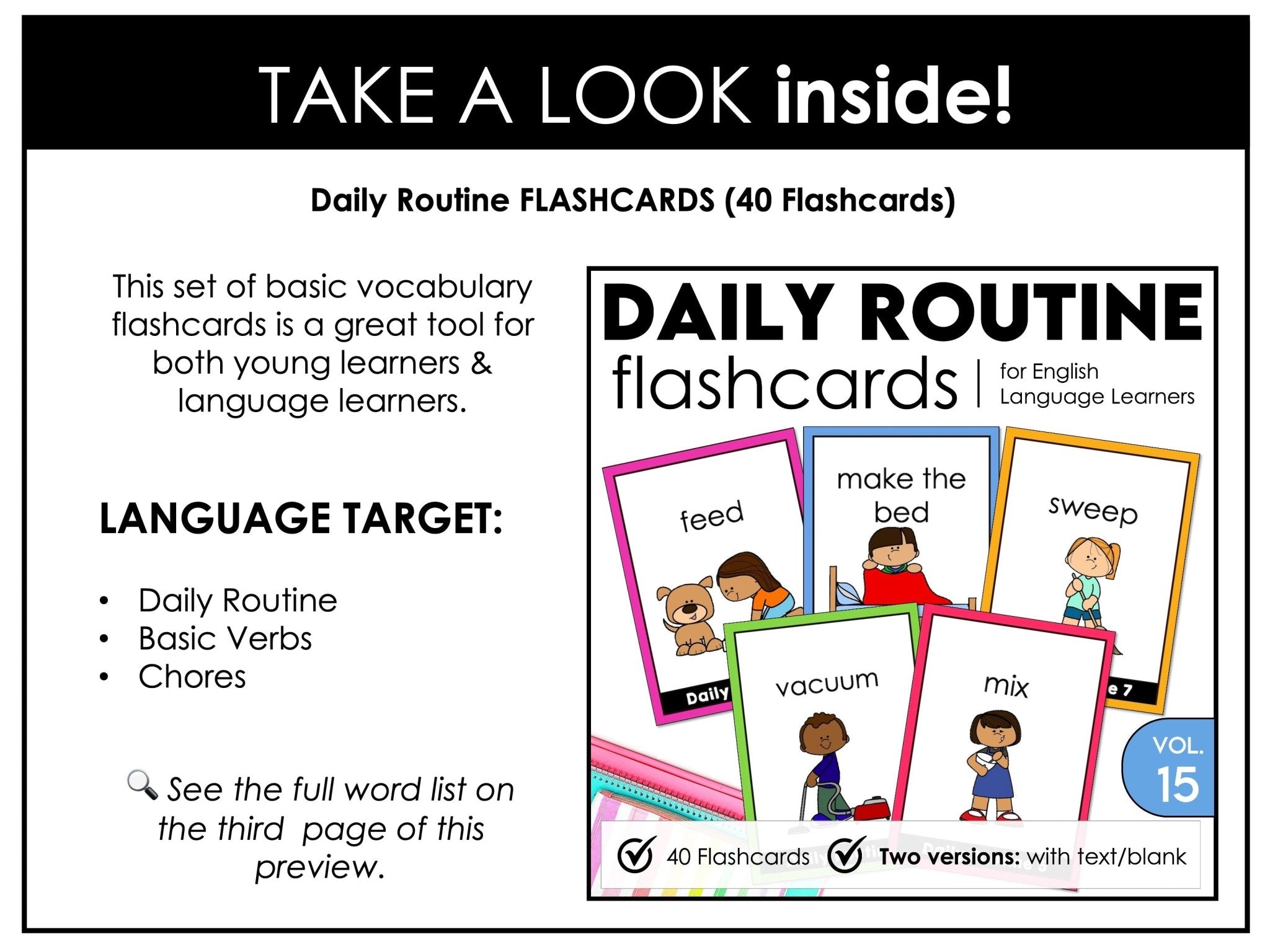 Daily Routine Flashcards : Basic Verbs & Chores : ESL task cards - Flash Cards - Hot Chocolate Teachables
