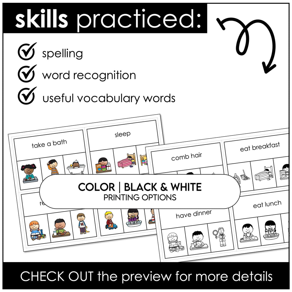 Daily Routine Verbs Vocabulary CLIP CARD activity task cards for ELL - ESL - EFL (Copy) - Hot Chocolate Teachables