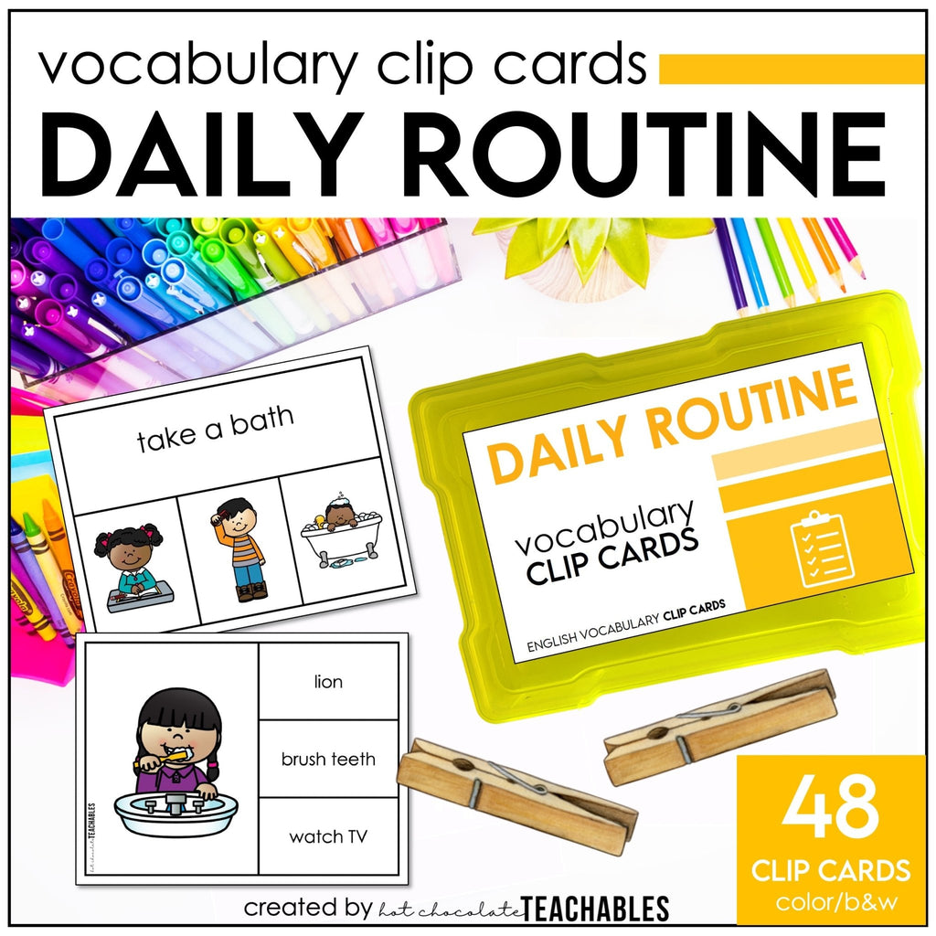 Daily Routine Verbs Vocabulary CLIP CARD activity task cards for ELL - ESL - EFL (Copy) - Hot Chocolate Teachables