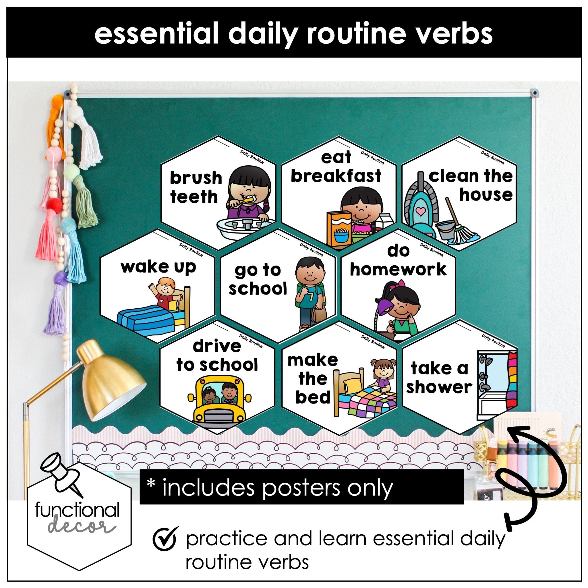Daily Routine Vocabulary Posters – ESL/ELL Action Verbs for Present Simple - Hot Chocolate Teachables