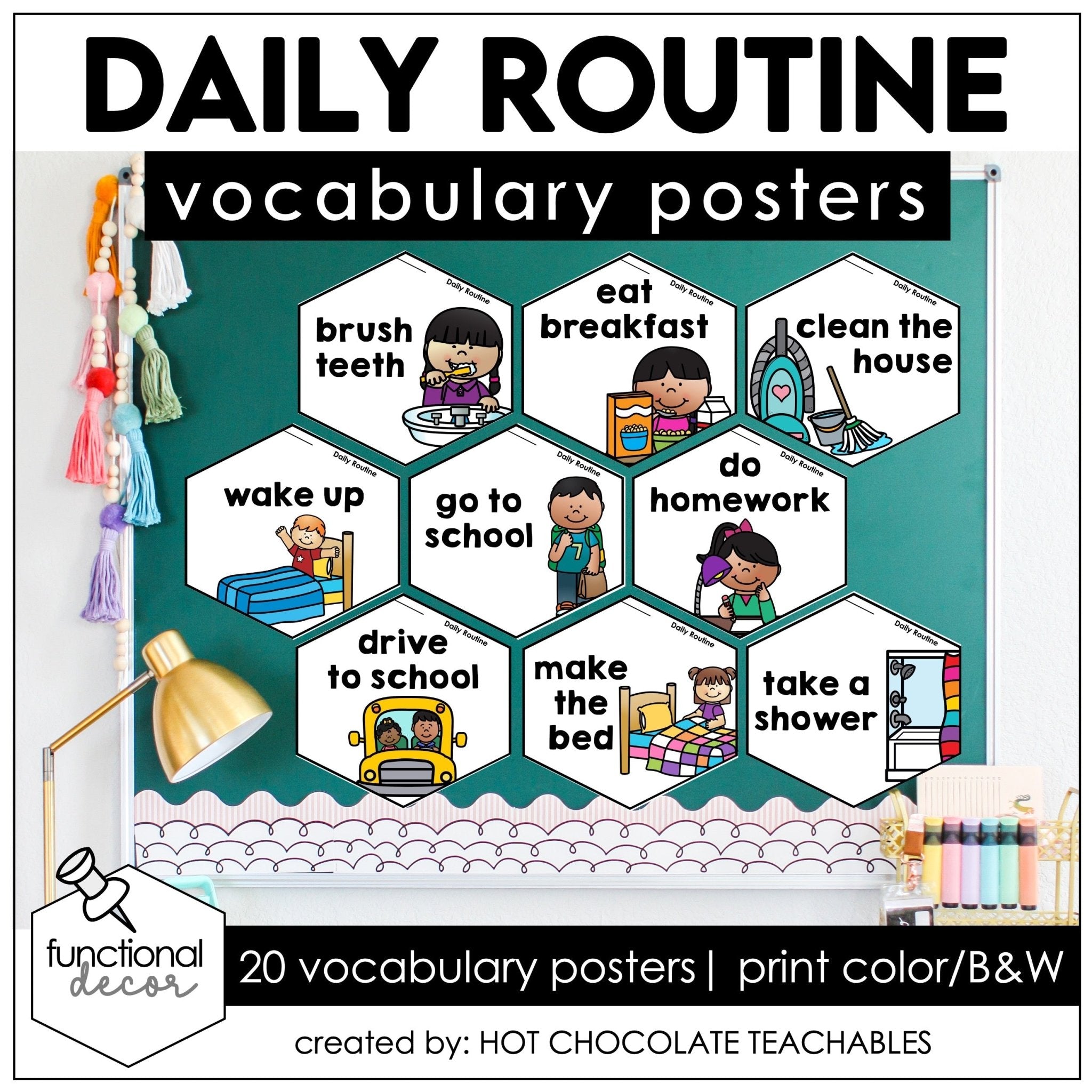 Daily Routine Vocabulary Posters – ESL/ELL Action Verbs for Present Simple - Hot Chocolate Teachables