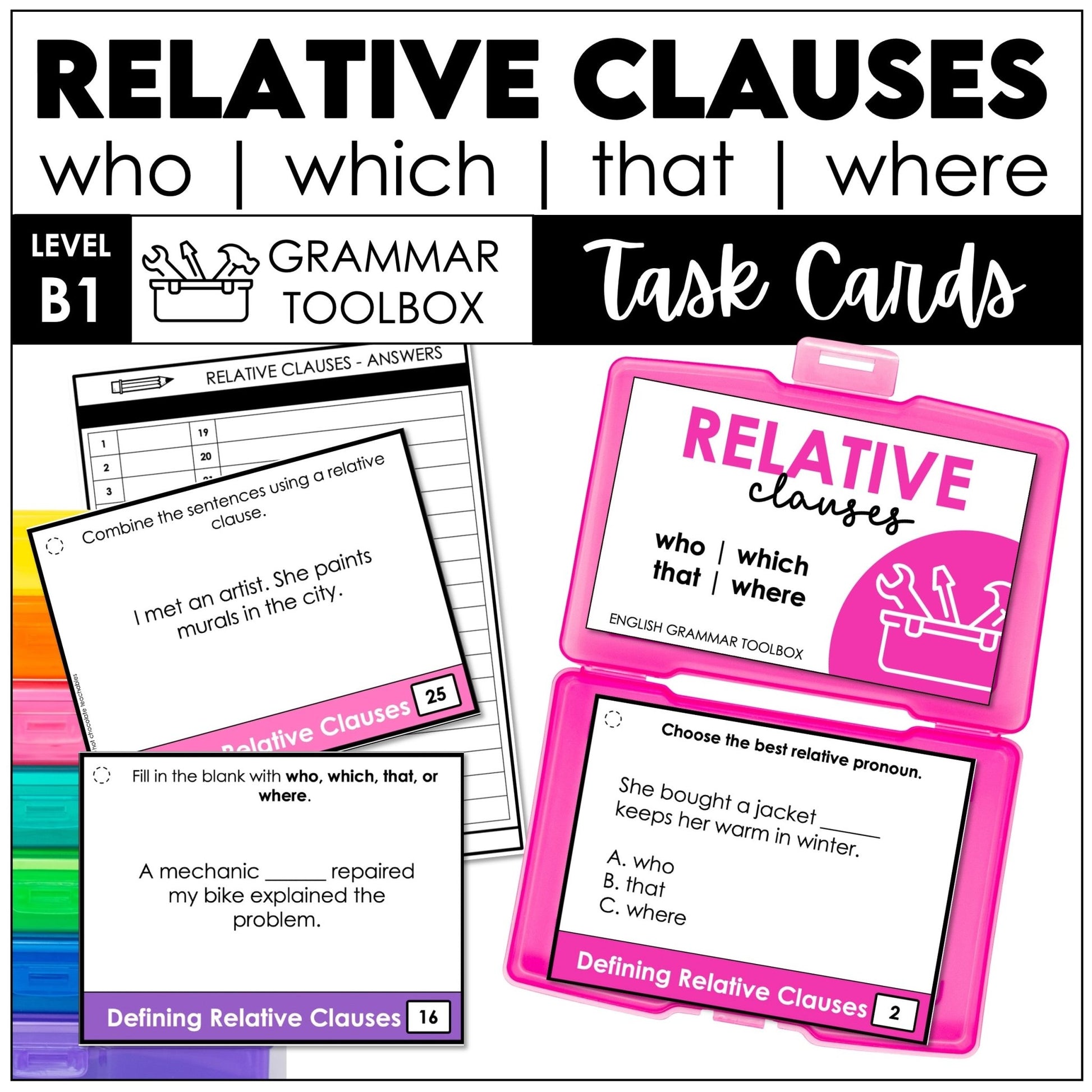 Defining Relative Clauses Task Cards – Who, Which, That, Where (ESL Grammar) - Hot Chocolate Teachables