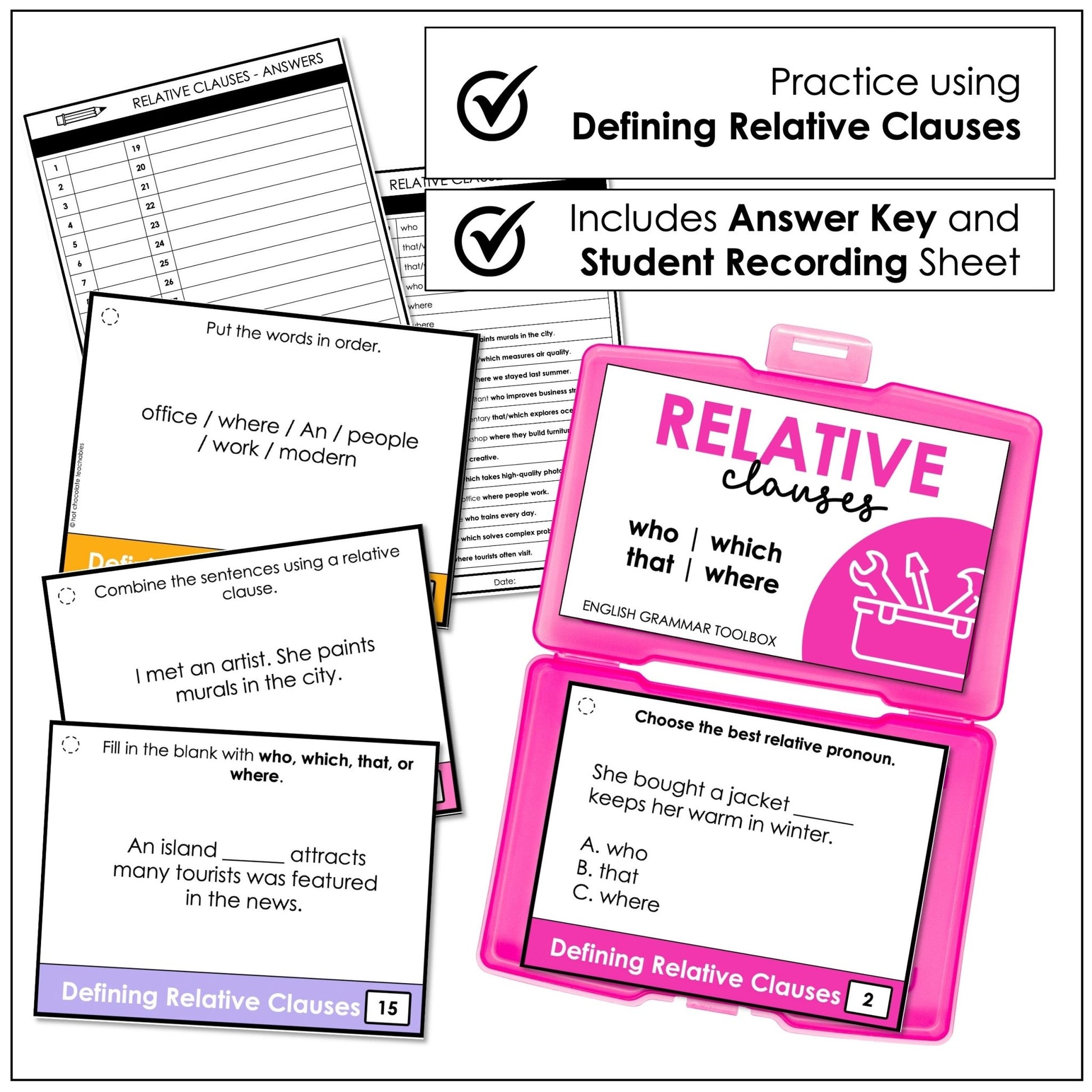 Defining Relative Clauses Task Cards – Who, Which, That, Where (ESL Grammar) - Hot Chocolate Teachables