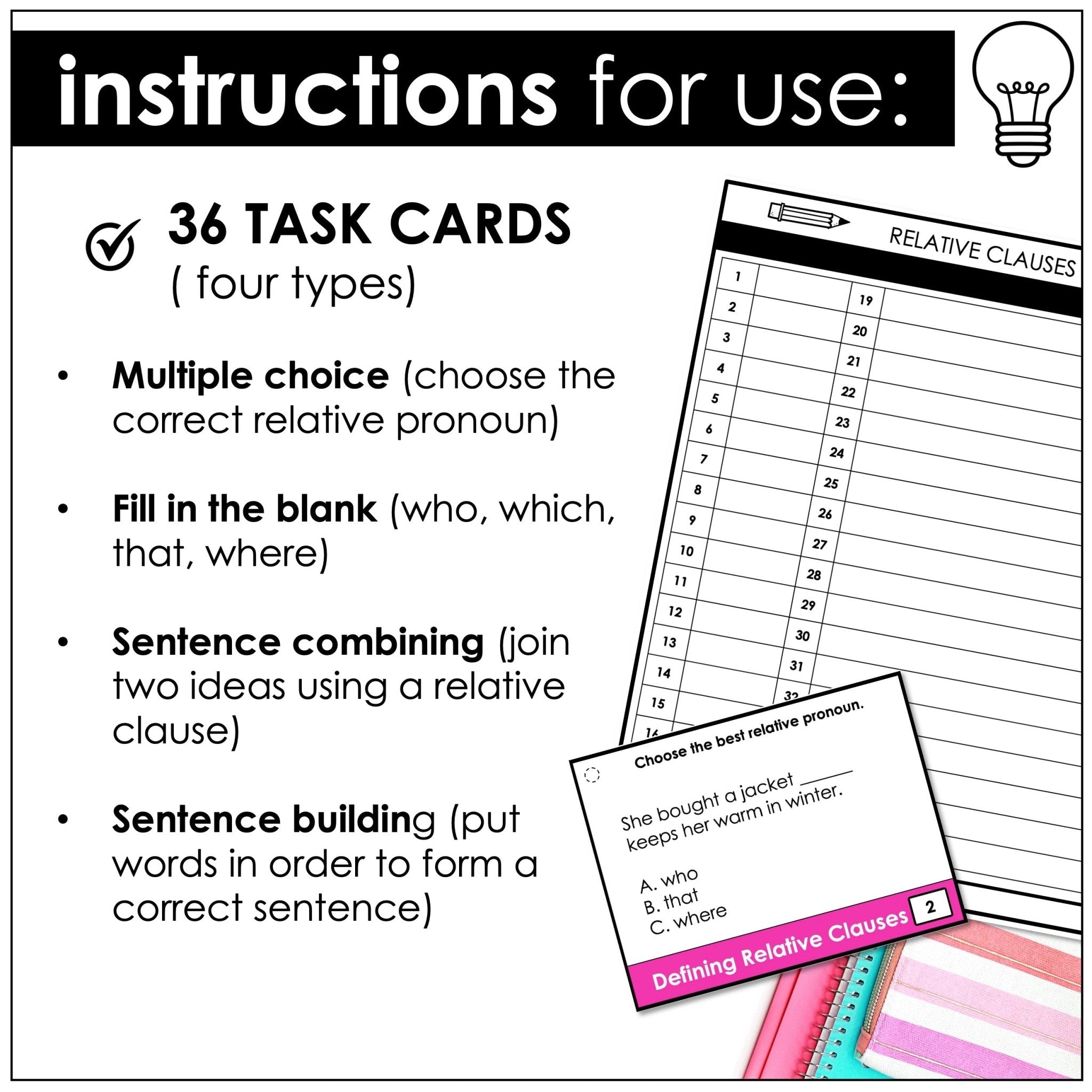 Defining Relative Clauses Task Cards – Who, Which, That, Where (ESL Grammar) - Hot Chocolate Teachables