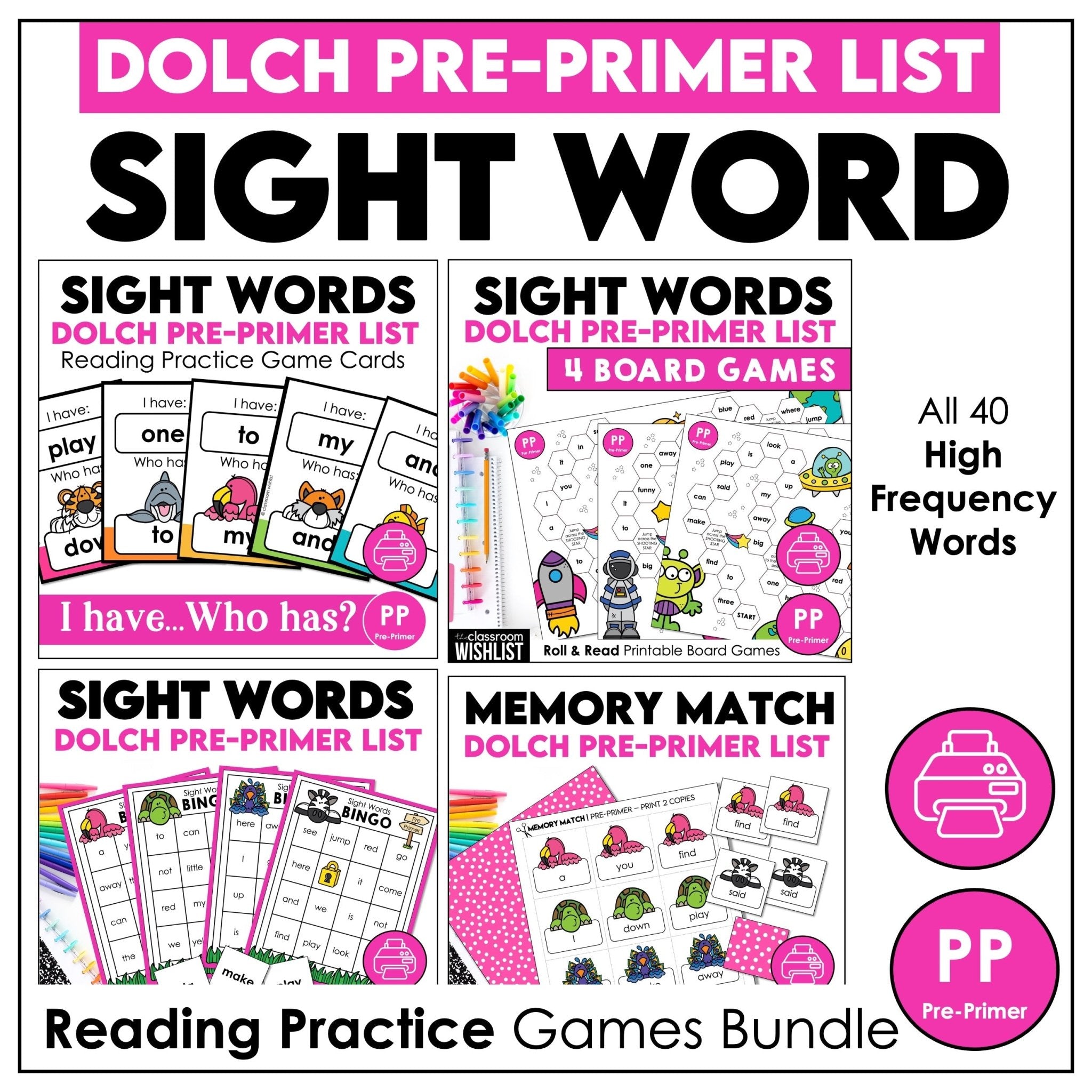 Dolch Pre - Primer Sight Words Games Bundle – Print & Play Literacy Centers - Hot Chocolate Teachables