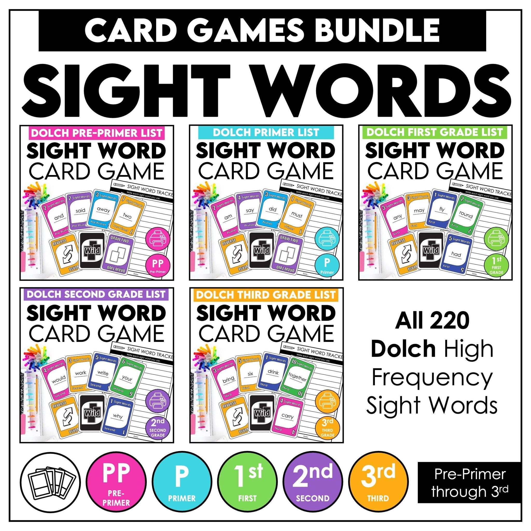 Dolch Sight Words Card Games Bundle – Pre - Primer to 3rd Grade Reading Centers - Hot Chocolate Teachables