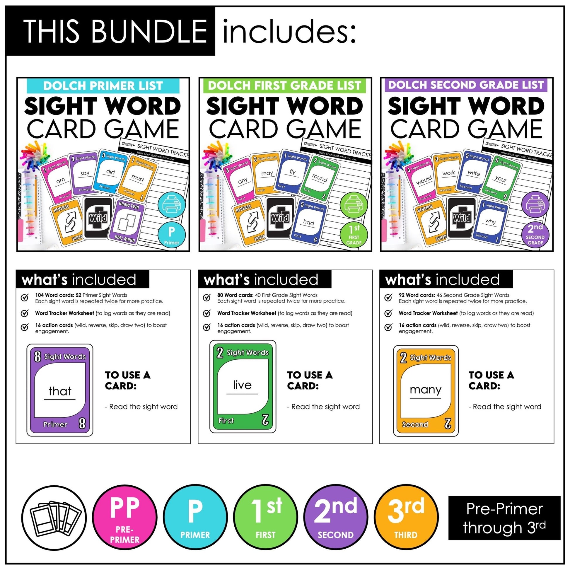 Dolch Sight Words Card Games Bundle – Pre - Primer to 3rd Grade Reading Centers - Hot Chocolate Teachables