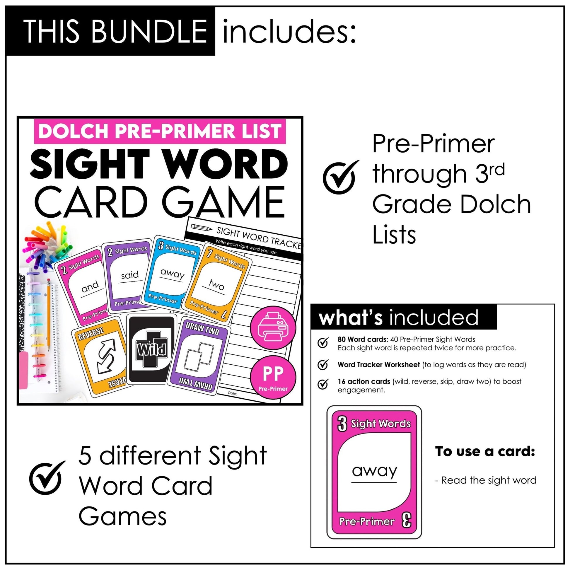 Dolch Sight Words Card Games Bundle – Pre - Primer to 3rd Grade Reading Centers - Hot Chocolate Teachables