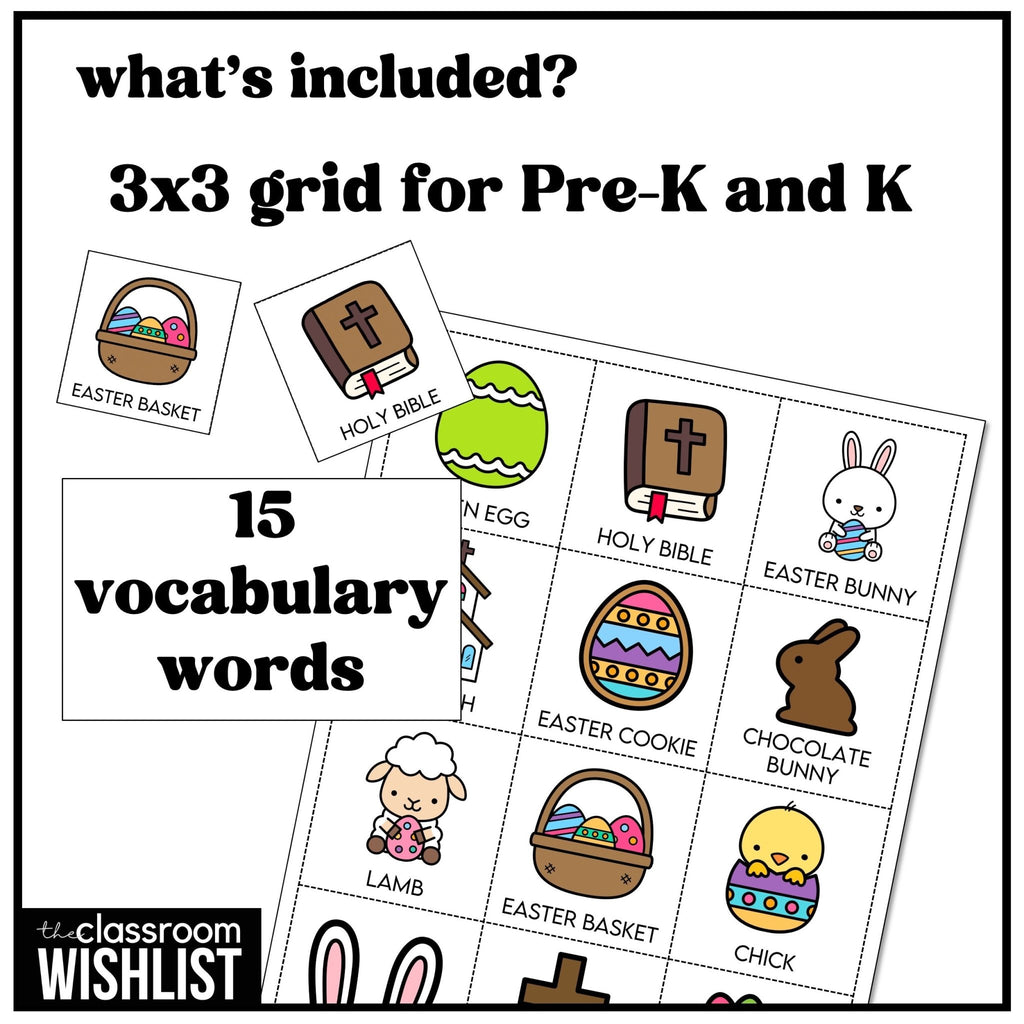 Easter Bingo Game | Includes Religious Vocabulary, Preschool, Kindergarten, ESL - Hot Chocolate Teachables