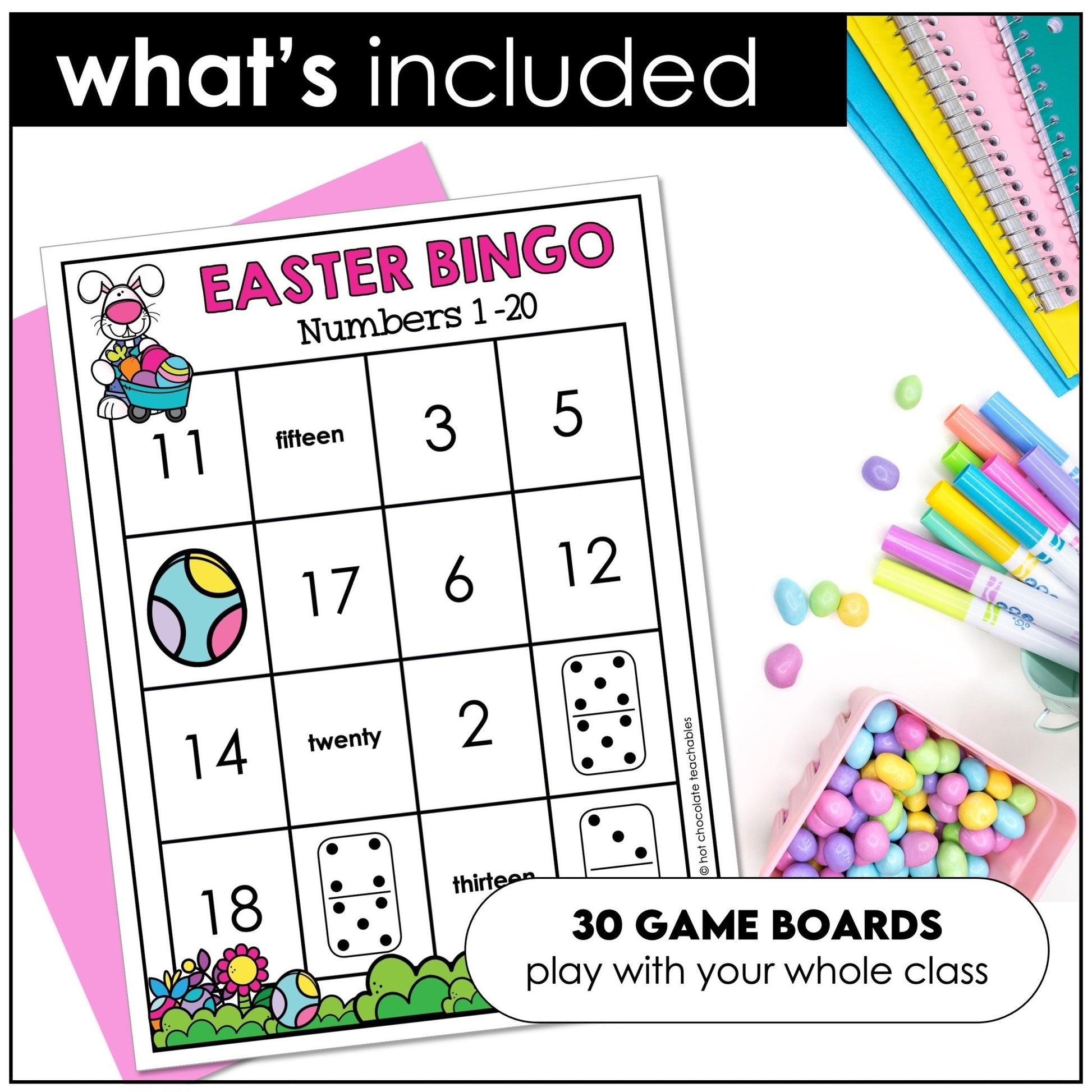 Easter Number Fluency Bingo Game | Number Recognition from 1 to 20 - Hot Chocolate Teachables