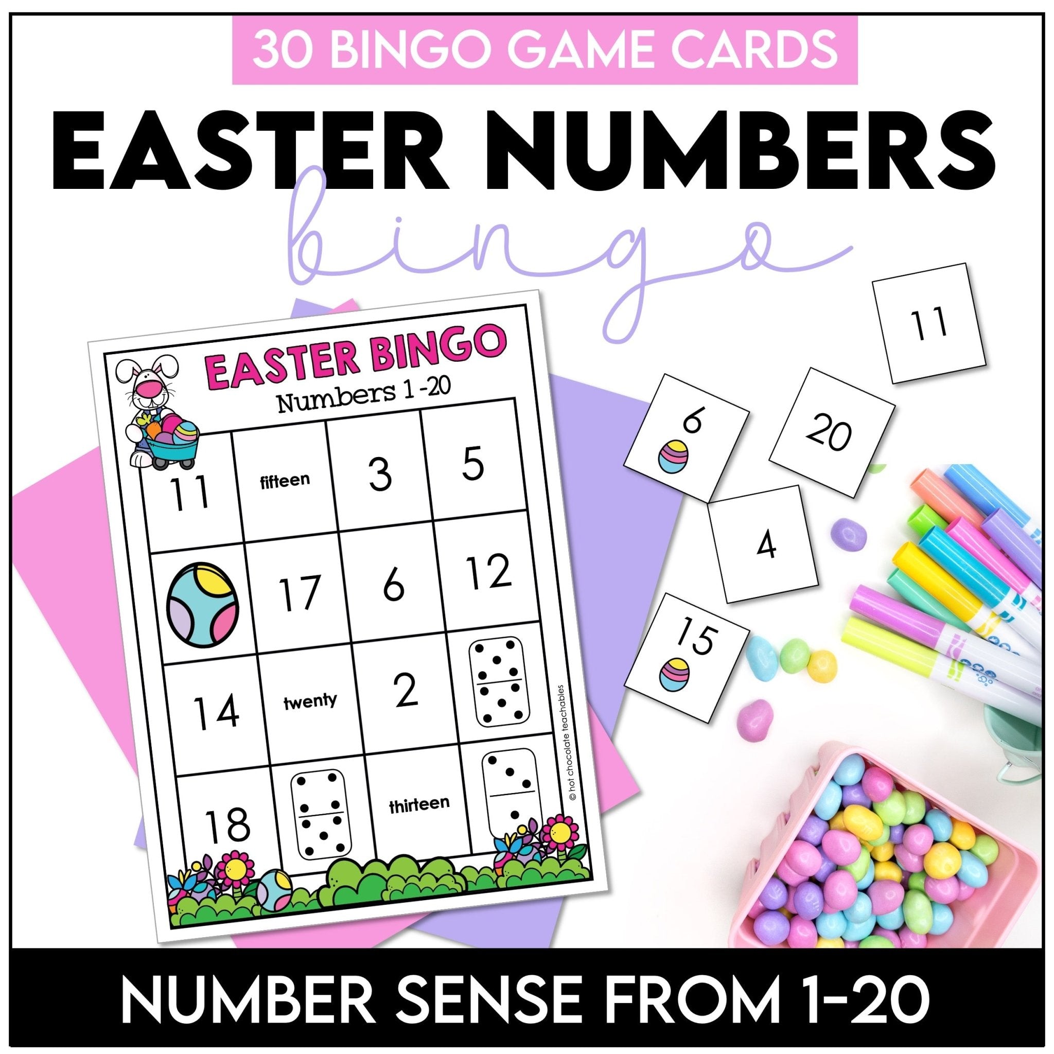 Easter Number Fluency Bingo Game | Number Recognition from 1 to 20 - Hot Chocolate Teachables