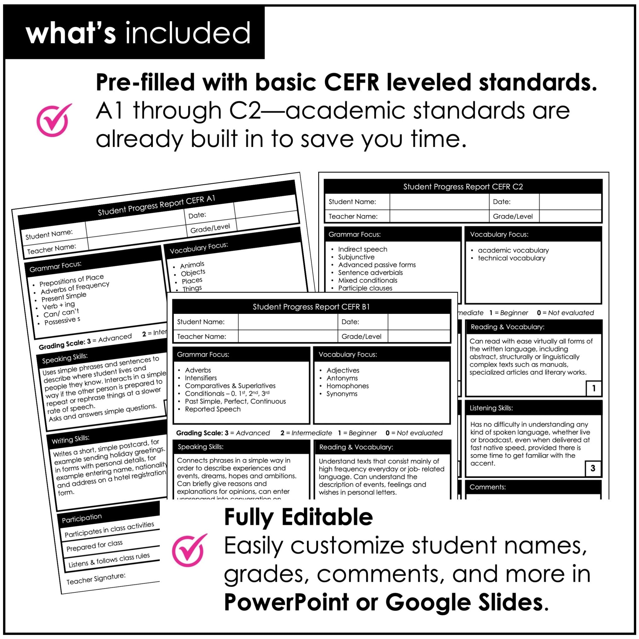 Editable ESL & EFL Progress Reports CEFR Alignment A1 - C2 - Hot Chocolate Teachables