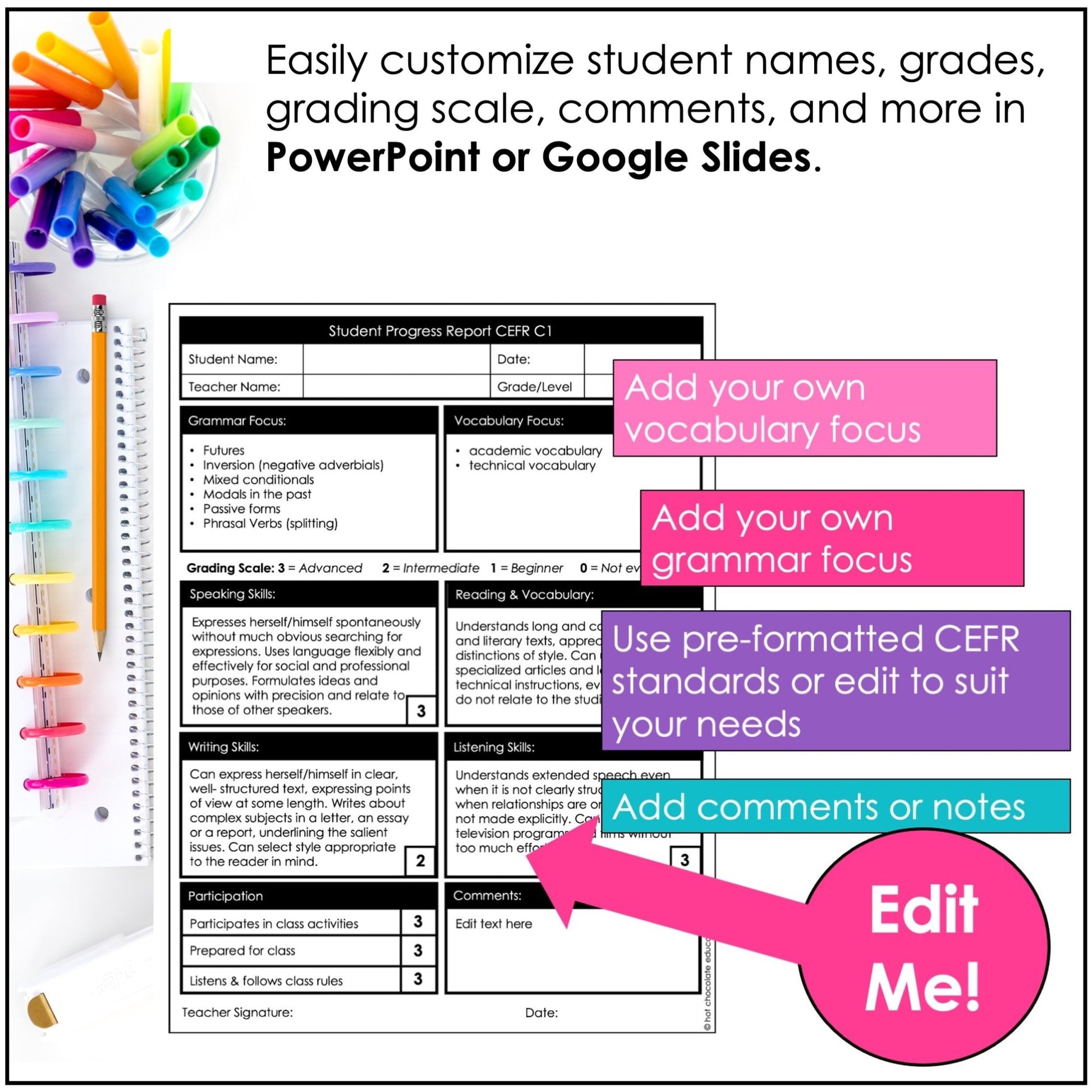 Editable ESL & EFL Progress Reports CEFR Alignment A1 - C2 - Hot Chocolate Teachables