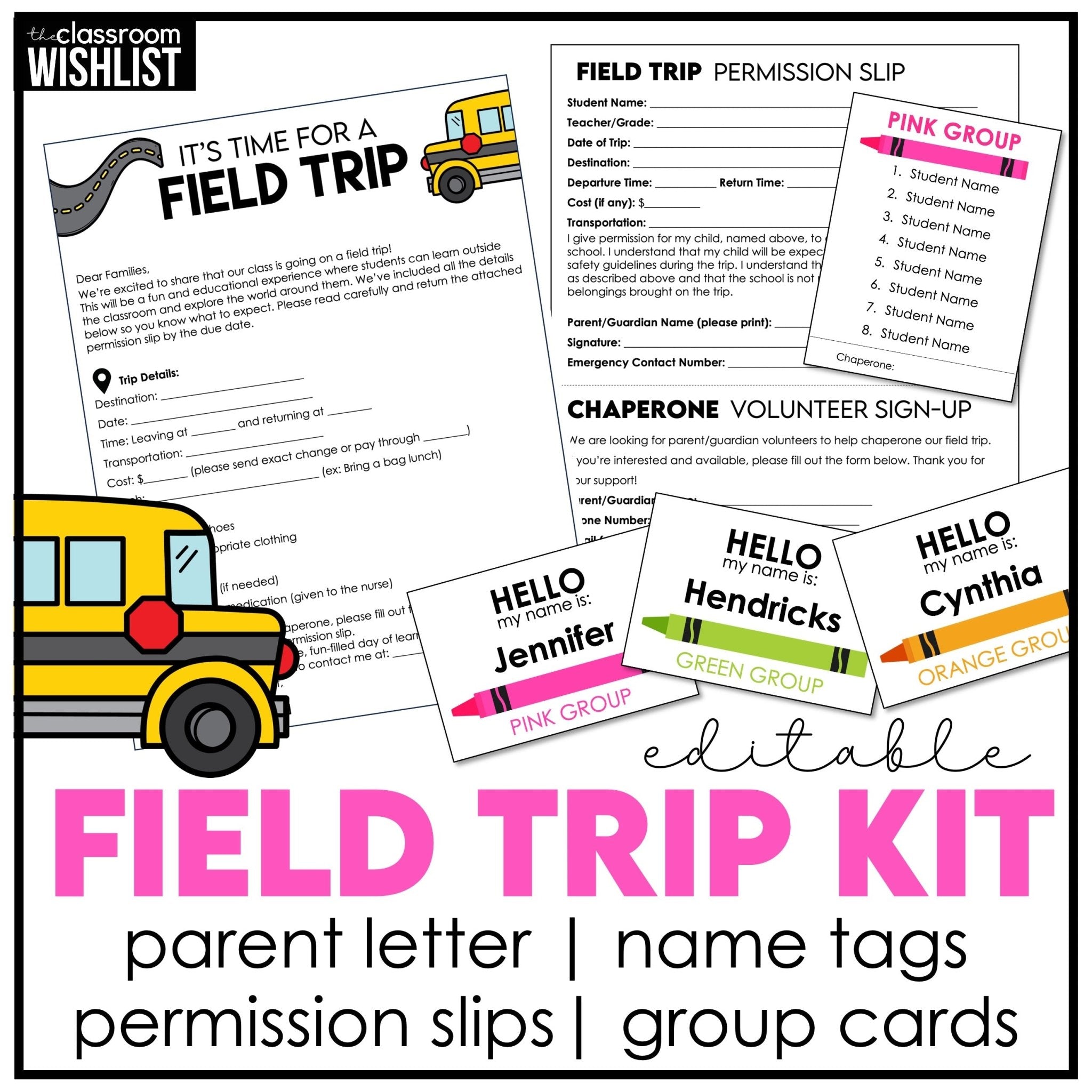 Editable Field Trip Forms | Permission Slip, Parent Letter, Student Name Tags - Hot Chocolate Teachables