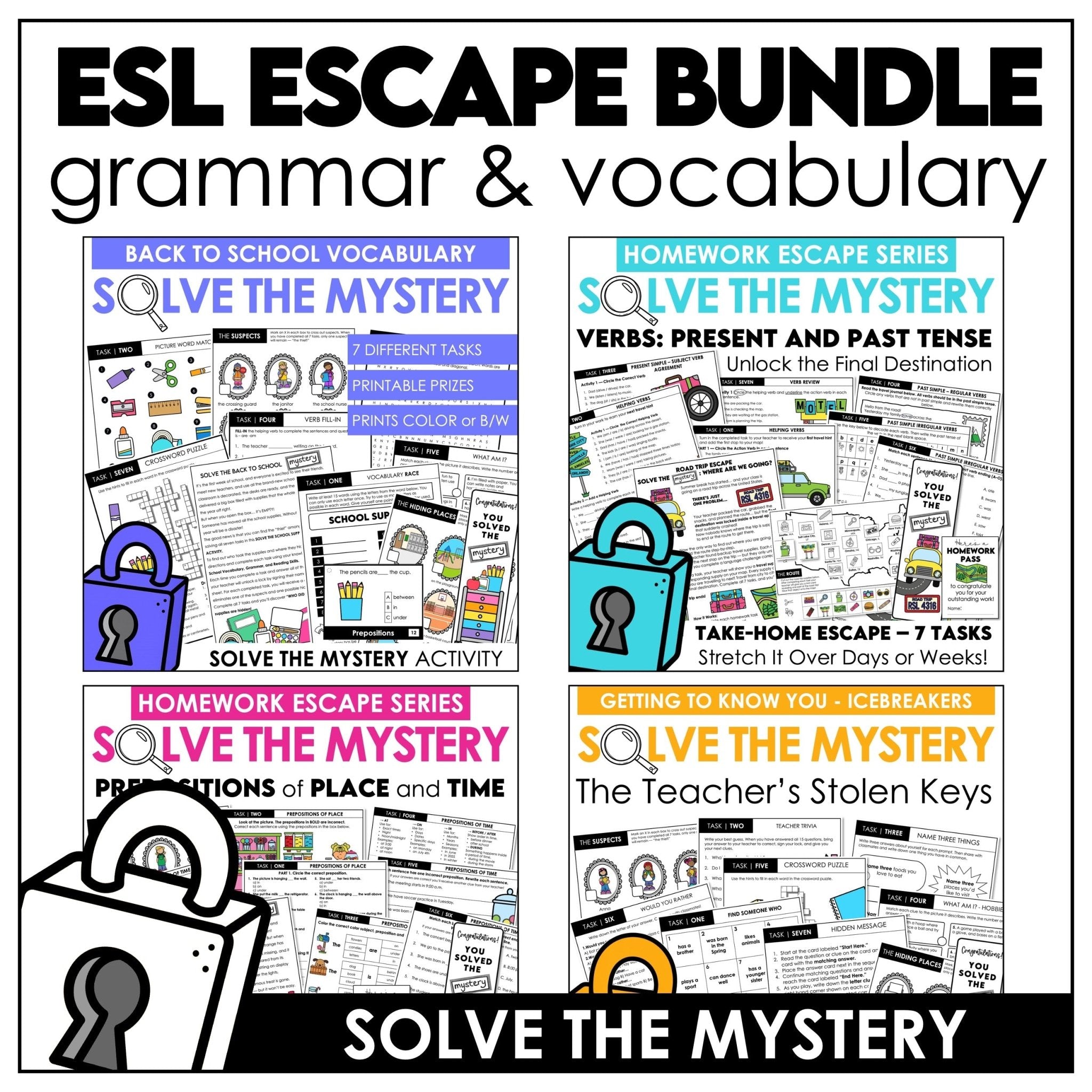 Escape Room Bundle ESL | Verbs - Present & Past , Prepositions & Back To School - Hot Chocolate Teachables