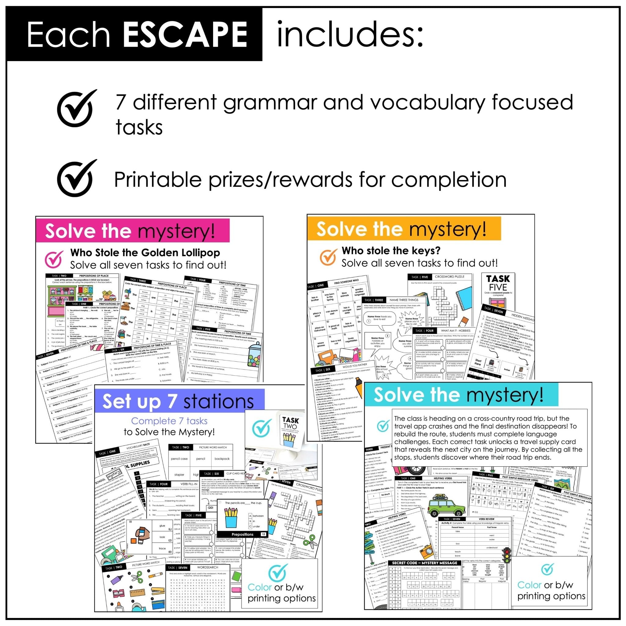 Escape Room Bundle ESL | Verbs - Present & Past , Prepositions & Back To School - Hot Chocolate Teachables