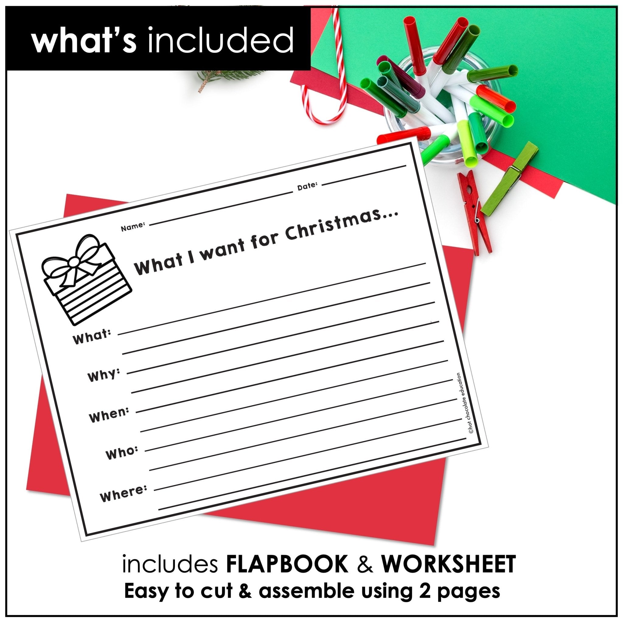 ESL Christmas Writing Activity | WH Question Flap Book | What - Where - When - Why - Who - Hot Chocolate Teachables