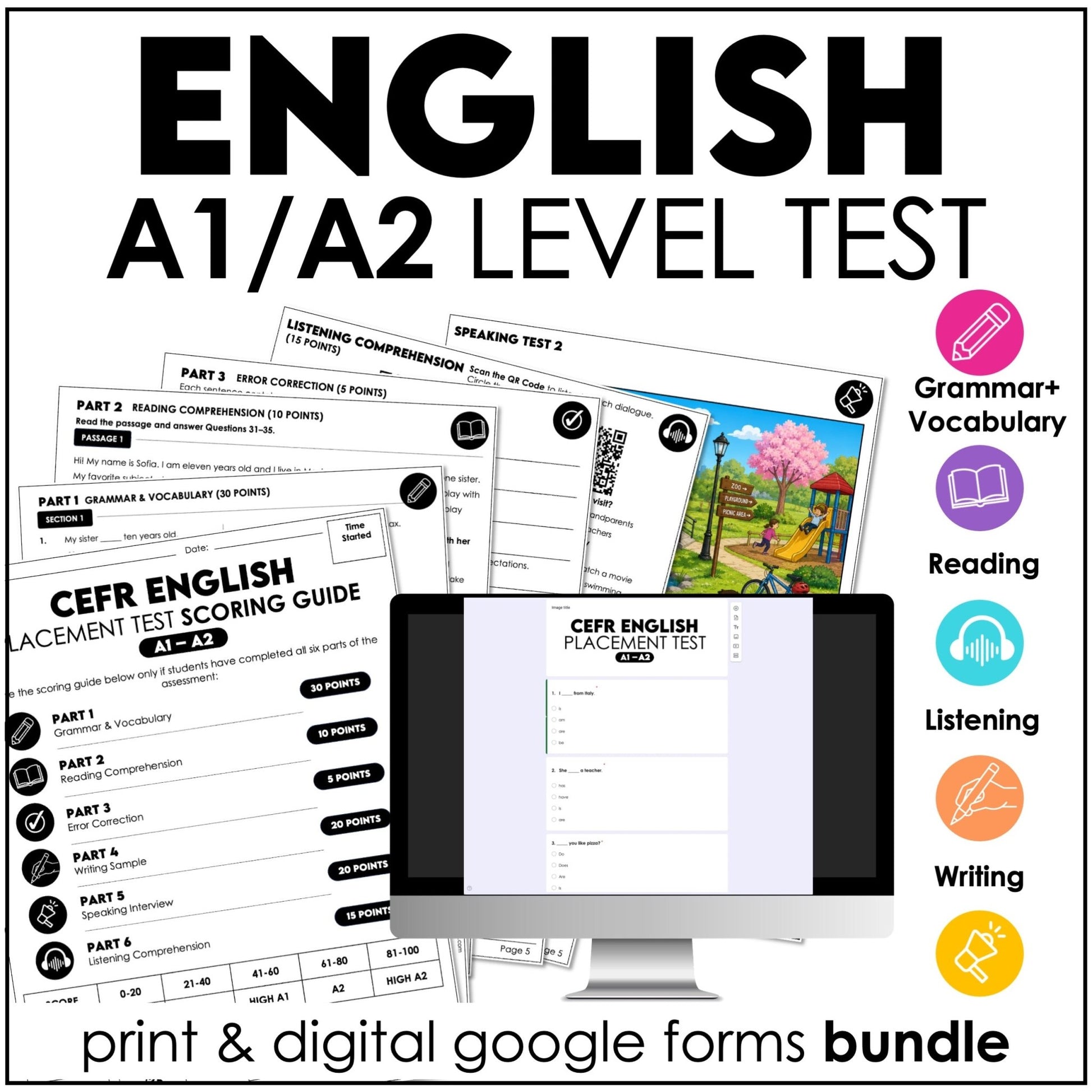 ESL Elementary Level Assessment Test | English CEFR A1 A2 Placement Exam - Hot Chocolate Teachables