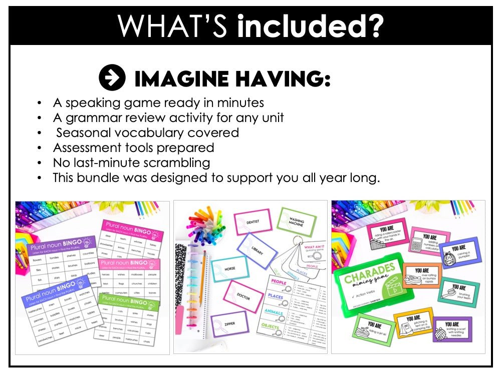 ESL EVERYTHING BUNDLE | 100 Engaging Games & Activities for English Teachers - Hot Chocolate Teachables