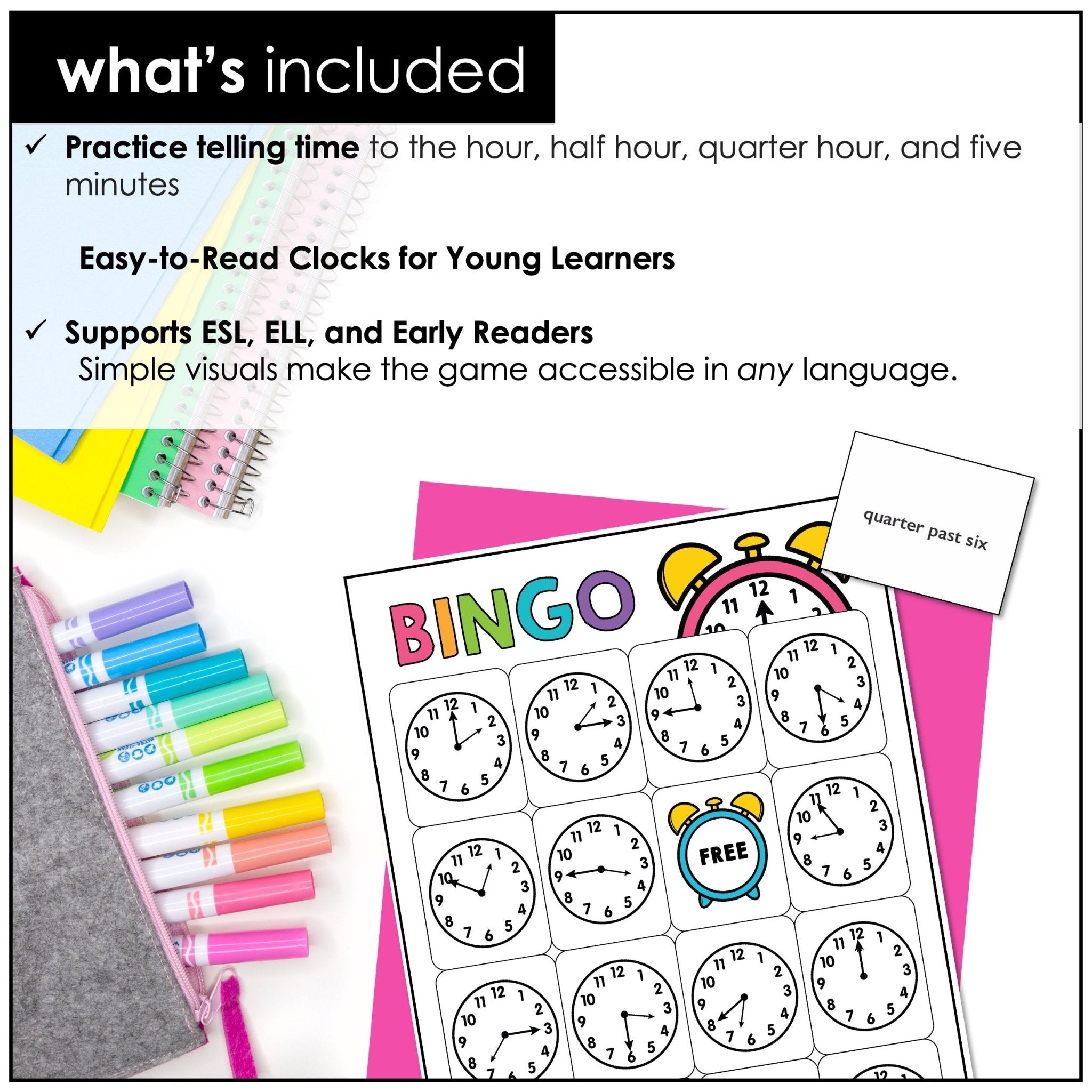ESL Game : Telling Time Bingo (To the nearest 5 minutes) - Hot Chocolate Teachables