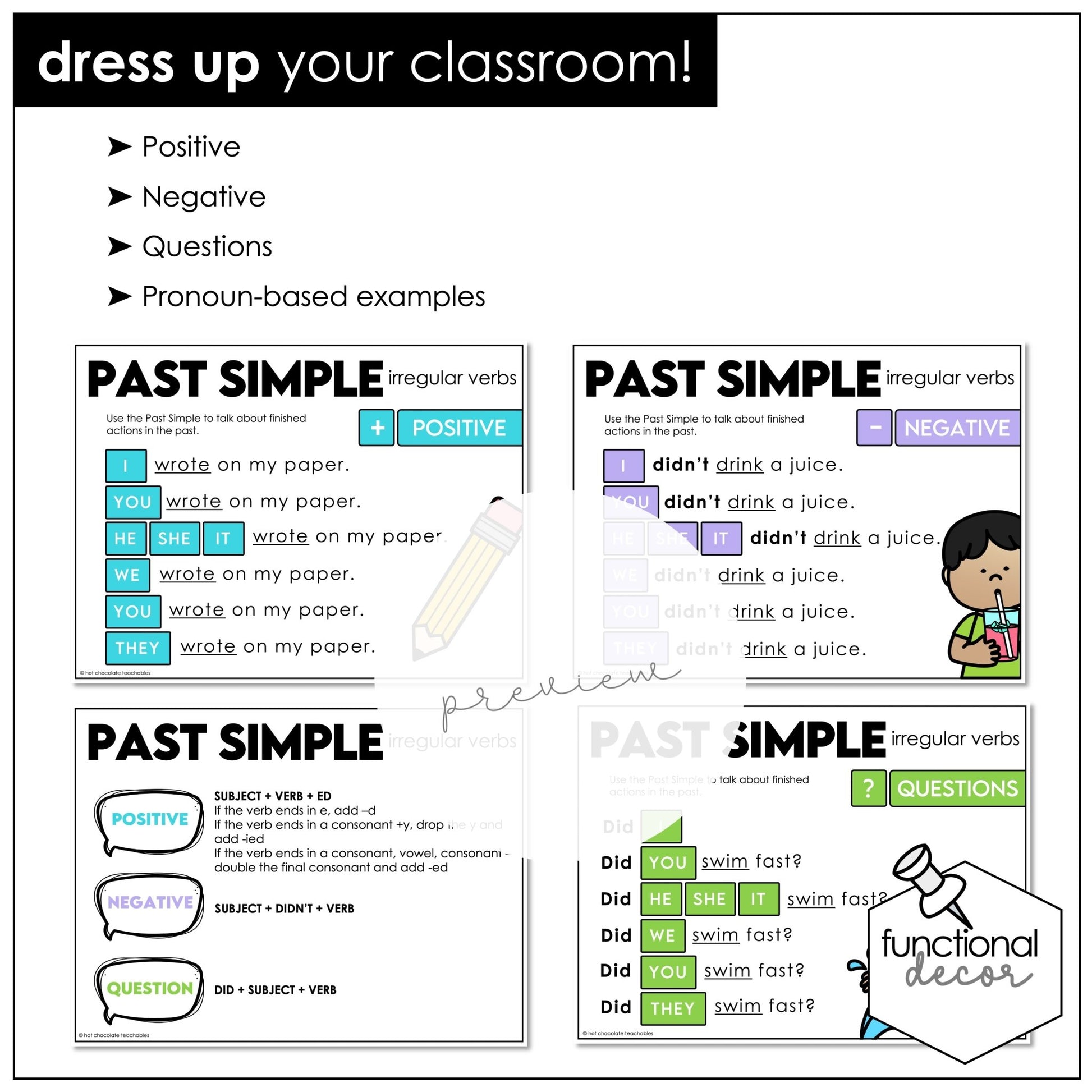 ESL Grammar Posters: Past Tenses - Regular & Irregular , Past Continuous - Hot Chocolate Teachables