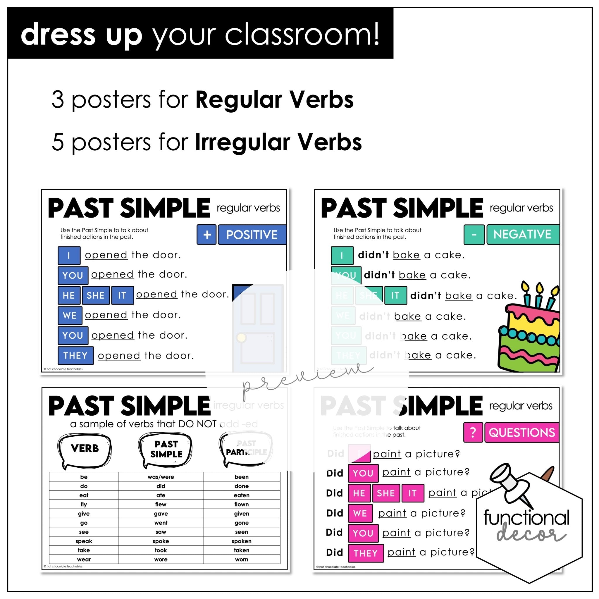 ESL Grammar Posters: Past Tenses - Regular & Irregular , Past Continuous - Hot Chocolate Teachables