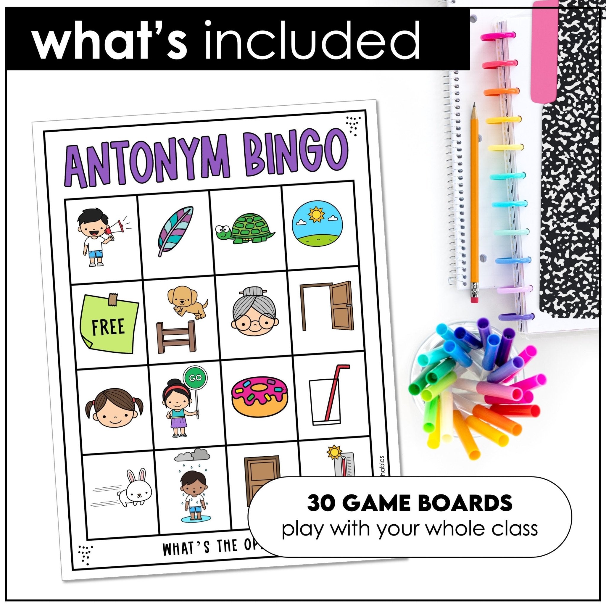 ESL Opposite Words Bingo | Printable Antonym Game for Vocabulary Building - Hot Chocolate Teachables