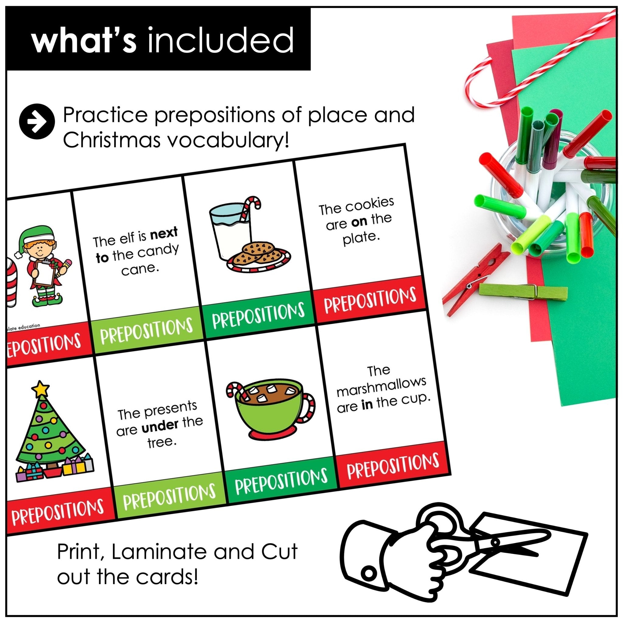 ESL Prepositions of Place and Location Card Match - Christmas Edition - Hot Chocolate Teachables