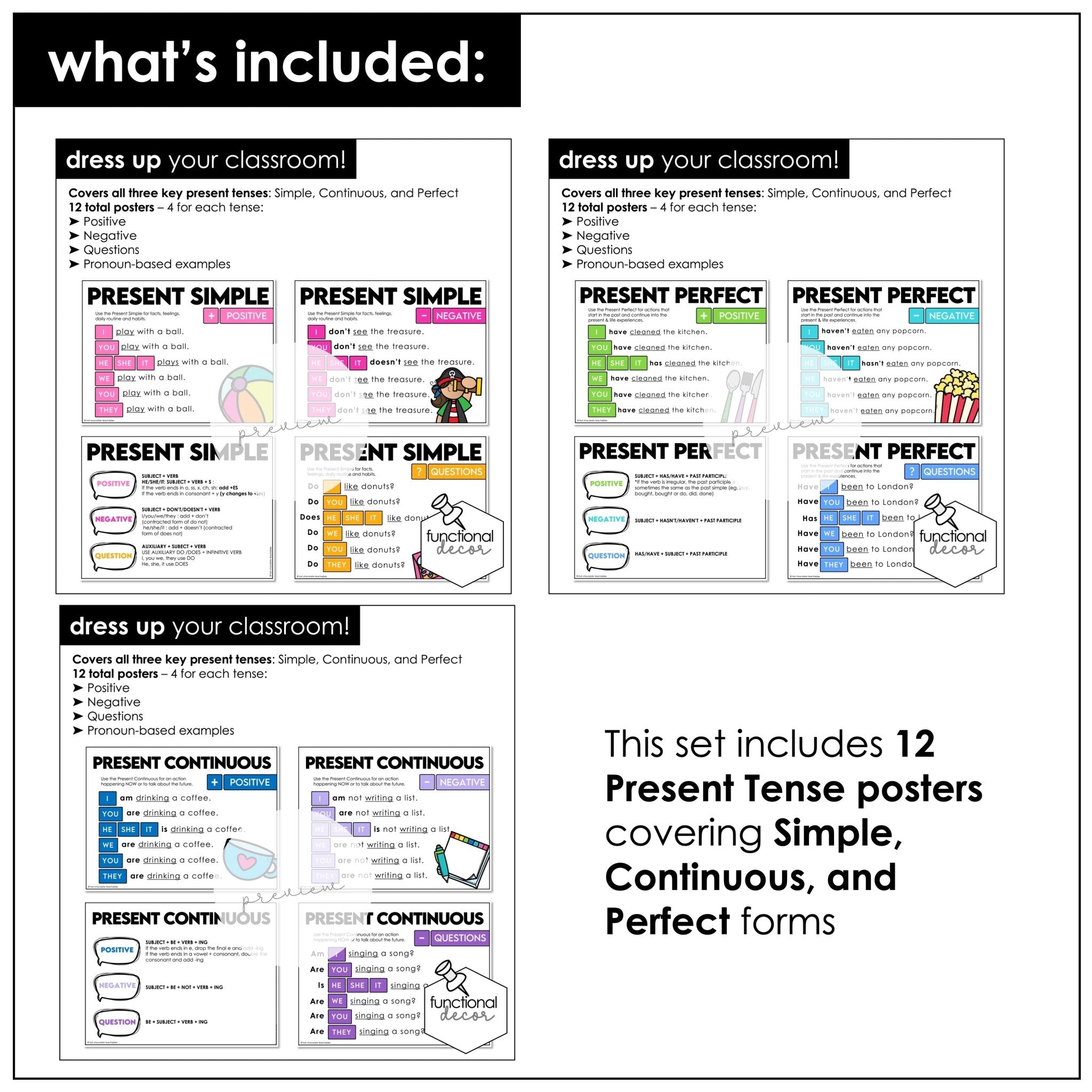 ESL Present & Past Tense Verb Conjugation Posters BUNDLE : Simple, Continuous, Perfect - Hot Chocolate Teachables