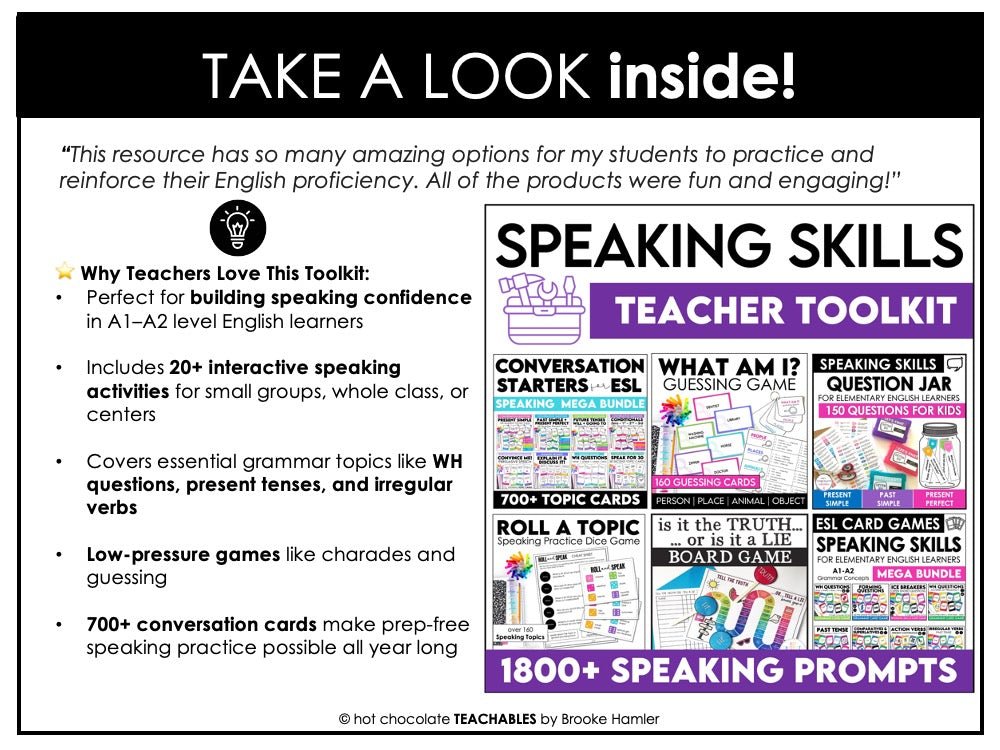 ESL Speaking Skills Starter Kit | English Games, Activities & Question Cards - Hot Chocolate Teachables