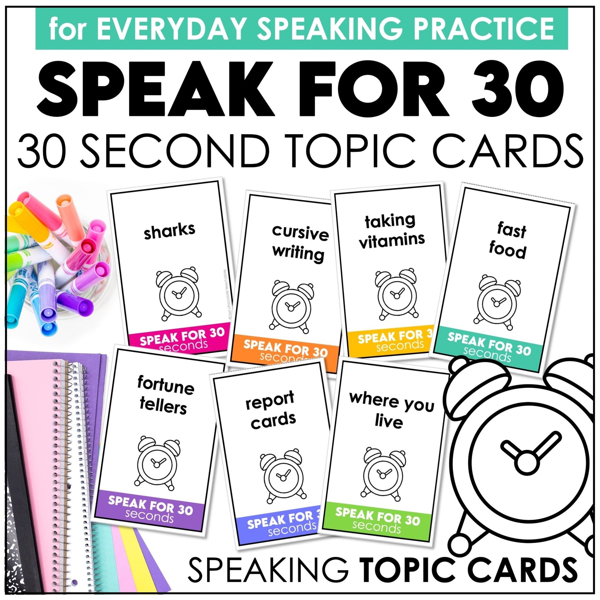 ESL Speaking Topic Prompts - Speak for 30 Seconds Discussion Cards - Hot Chocolate Teachables