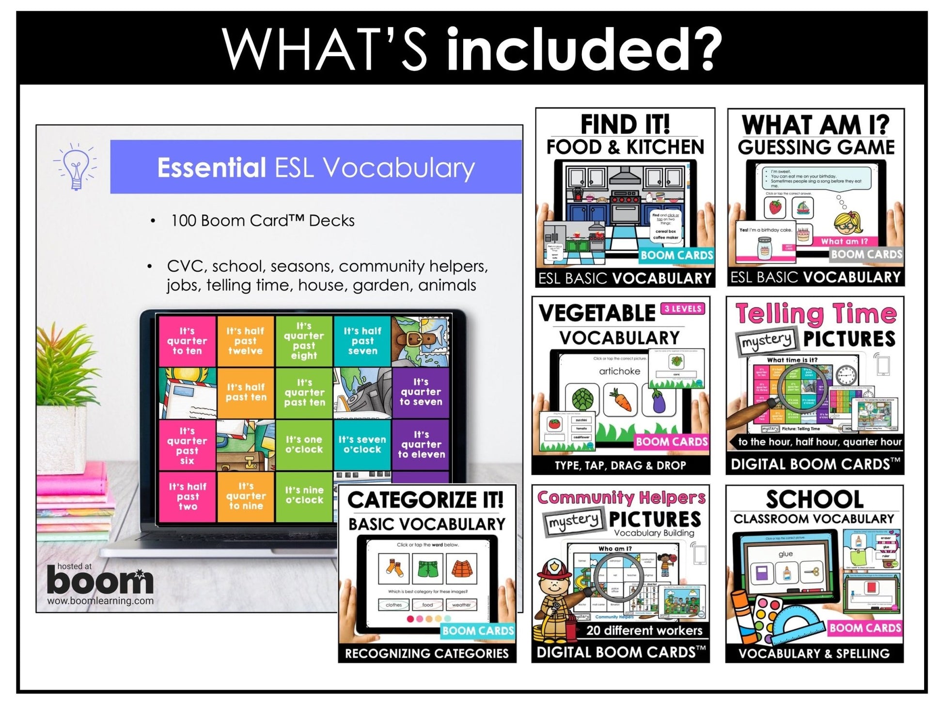 ESL Verbs, Parts of Speech, Literacy, Vocabulary - Boom Card™ Bundle - 100 DECKS - Hot Chocolate Teachables