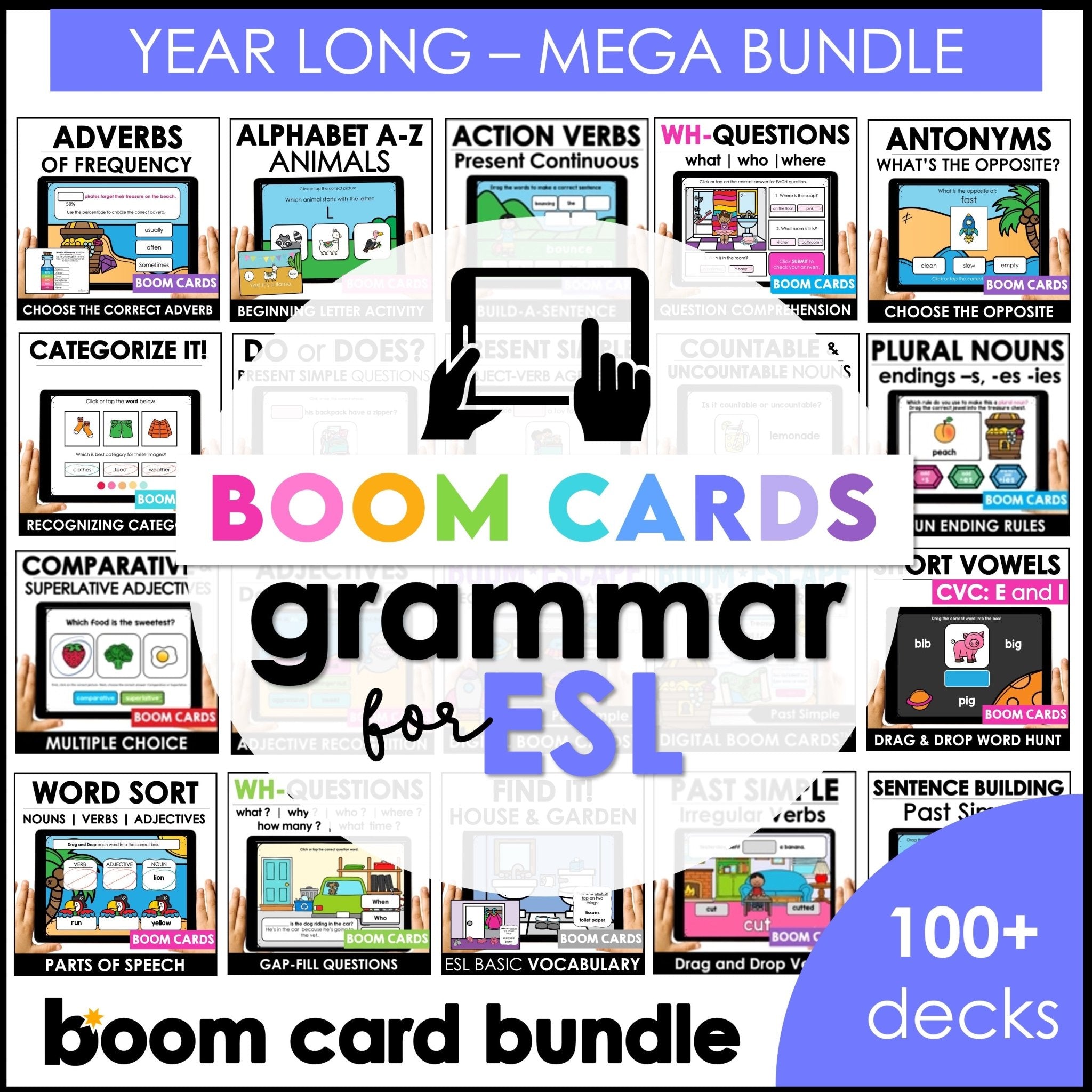 ESL Verbs, Parts of Speech, Literacy, Vocabulary - Boom Card™ Bundle - 100 DECKS - Hot Chocolate Teachables